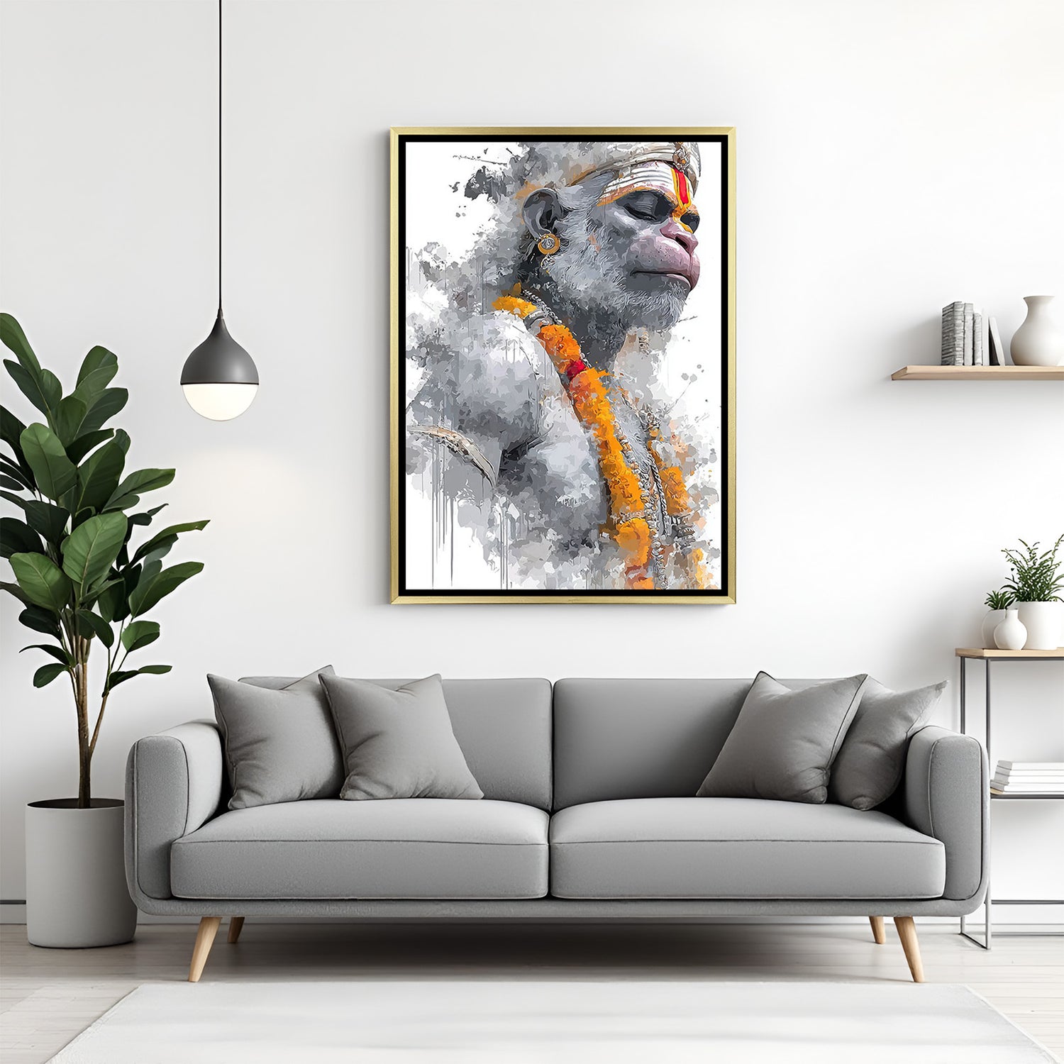 Hanuman Ji Painted Style Wall Art in Golden Floater Frame – modern spiritual canvas for home and office decor