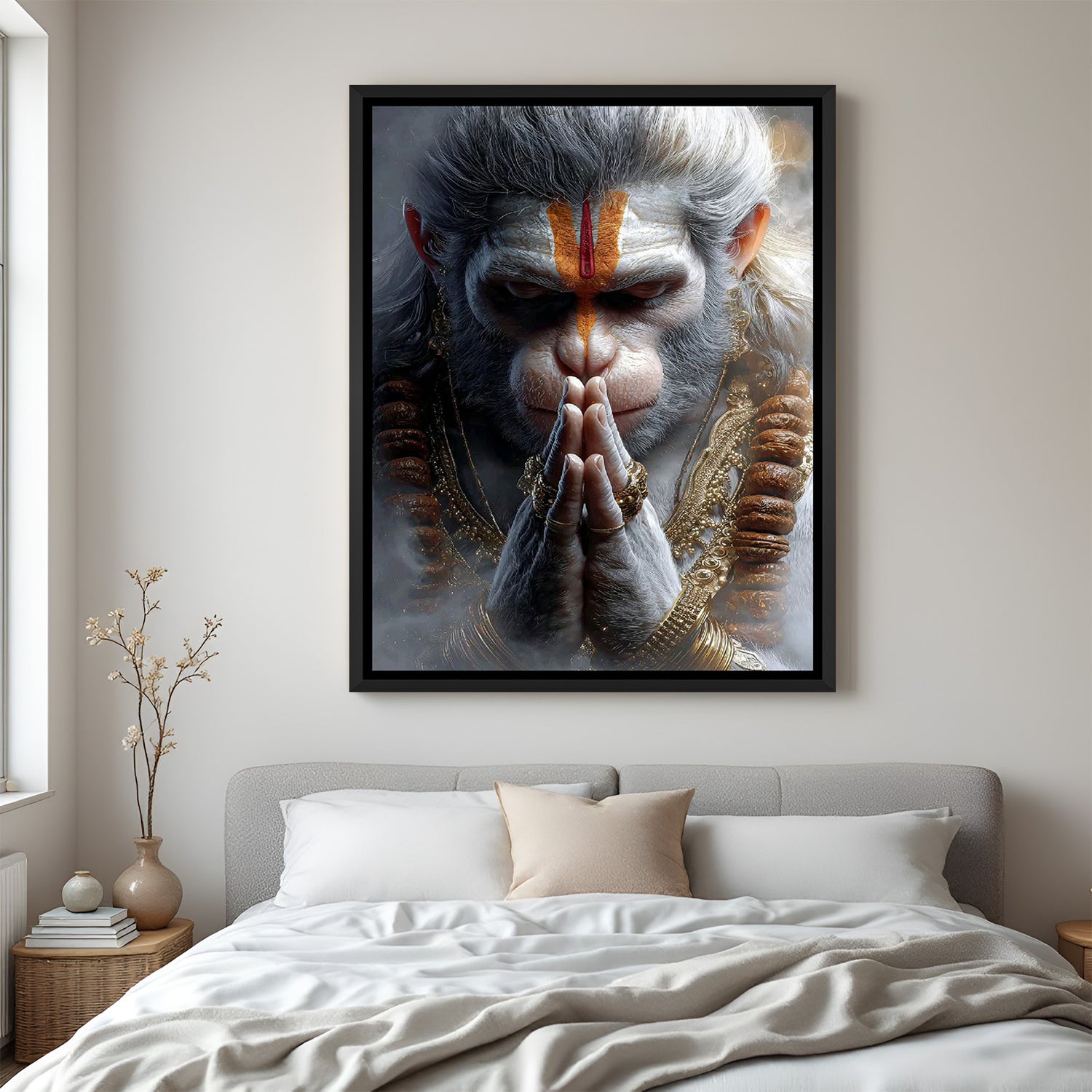 Lord Hanuman Wall Art in Black Floater Frame – Spiritual Hanuman painting bringing devotion and divine energy to modern home interiors