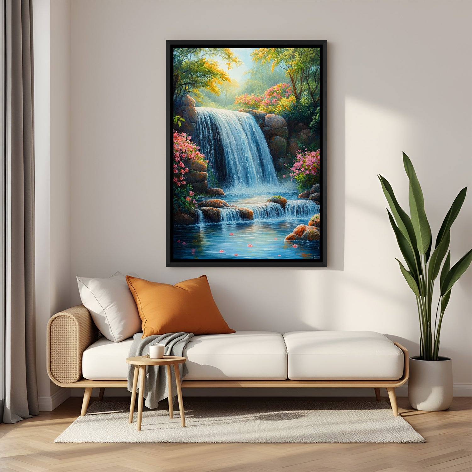 Natural Waterfall Vastu Wall Art in Black Floater Frame – elegant waterfall painting for peaceful and balanced interiors