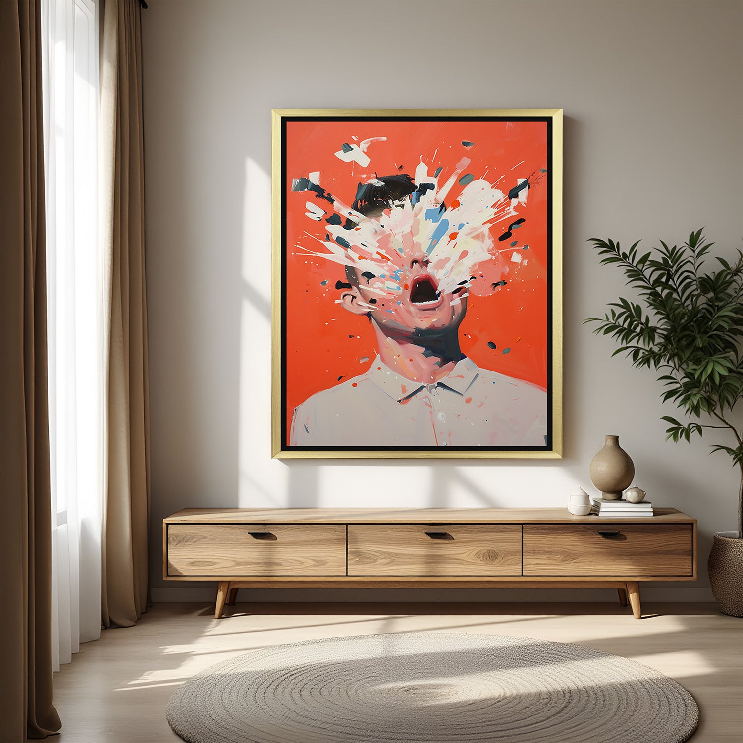 Vibrant abstract wall art featuring a stylized man with dynamic paint splash effects. This modern canvas artwork blends bold colors and fluid patterns, perfect for adding artistic energy and contemporary flair to living rooms, offices, studios, or creative spaces.