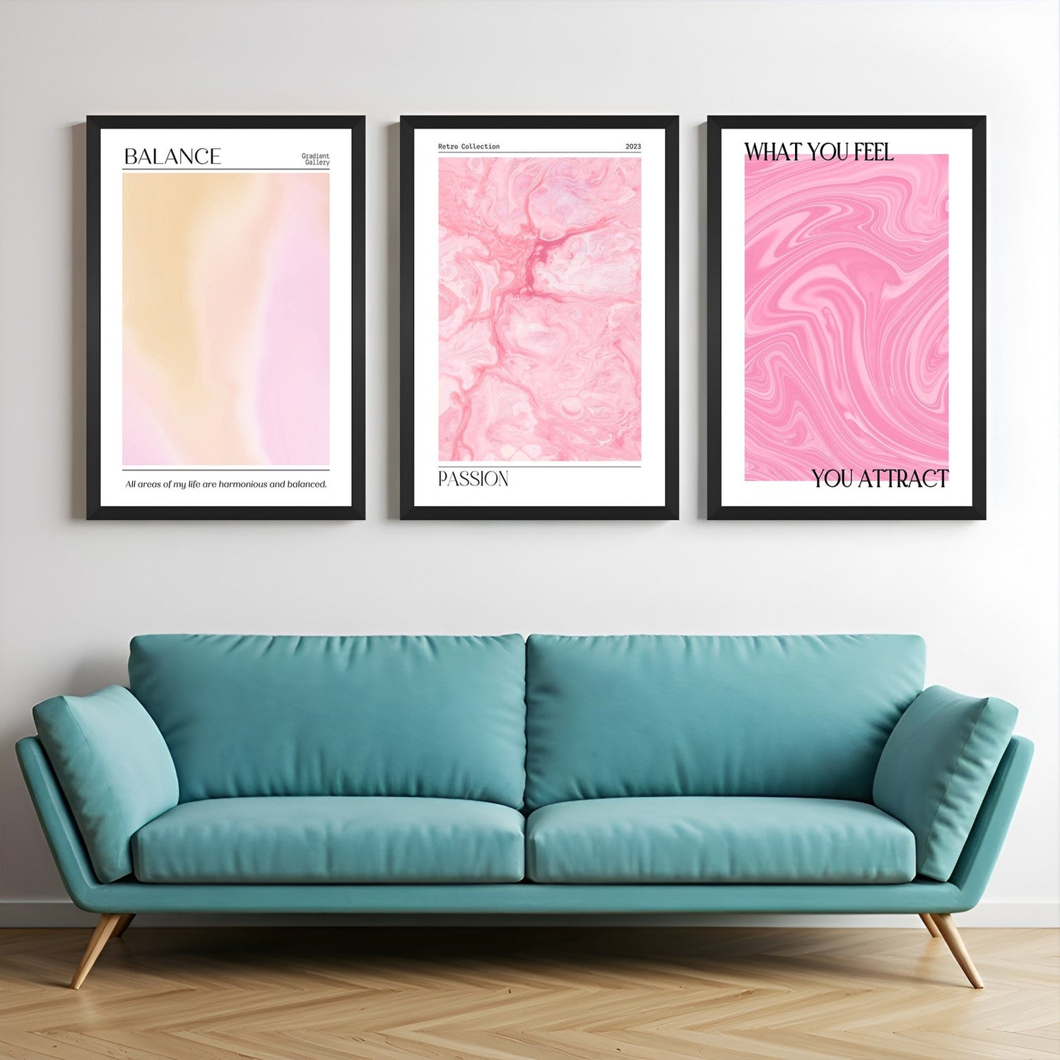 Canvas wall art trio with vibrant aura tones and smooth color flows representing mood, healing, and spiritual energy – ideal for relaxing interiors