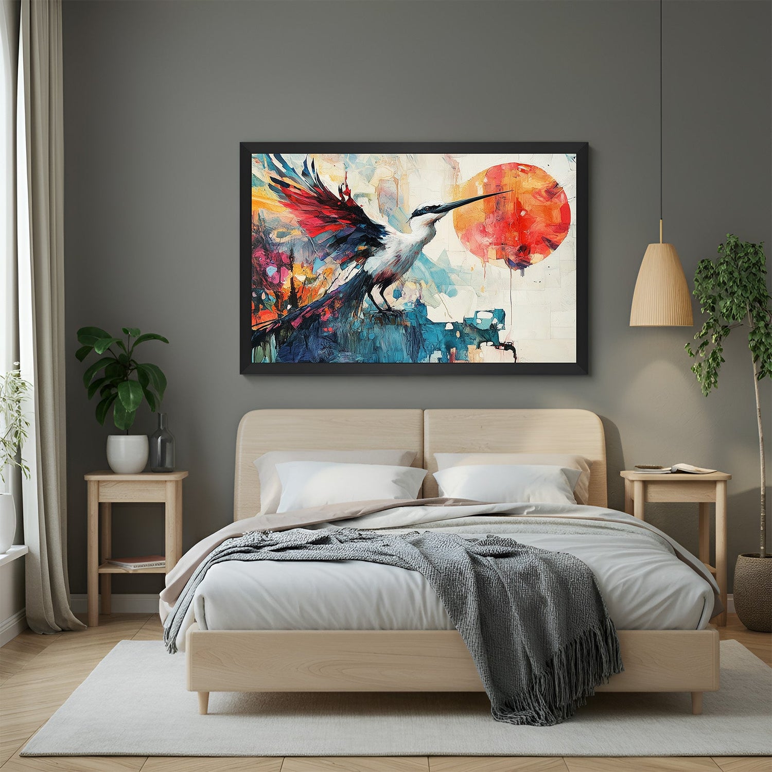Abstract bird canvas painting in black floater frame – elegant and subtle wall art for living rooms, bedrooms, and modern office walls