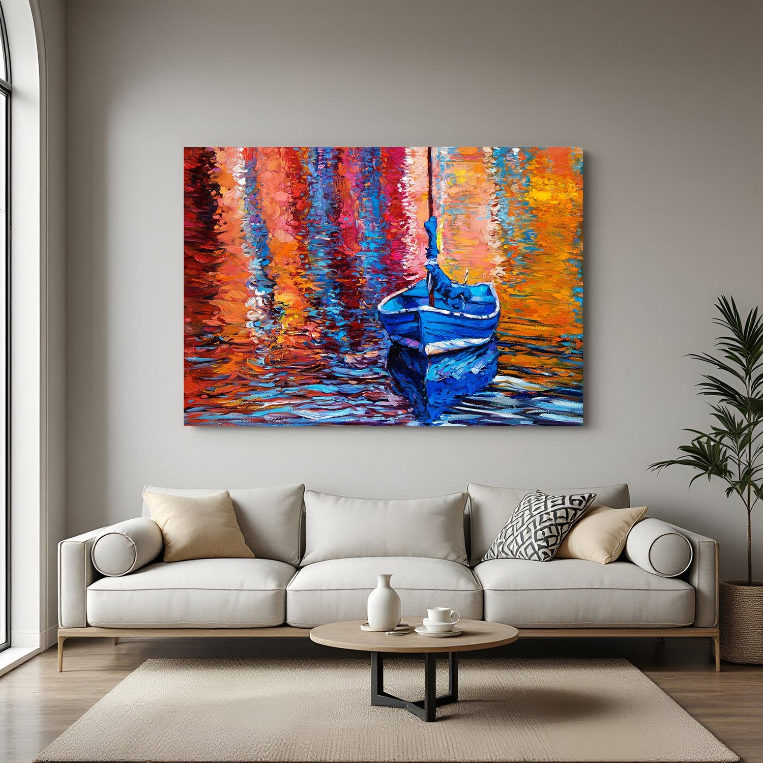 Abstract wall art of boat on a wavy river – painted canvas print with distorted water reflection for scenic and modern wall decor