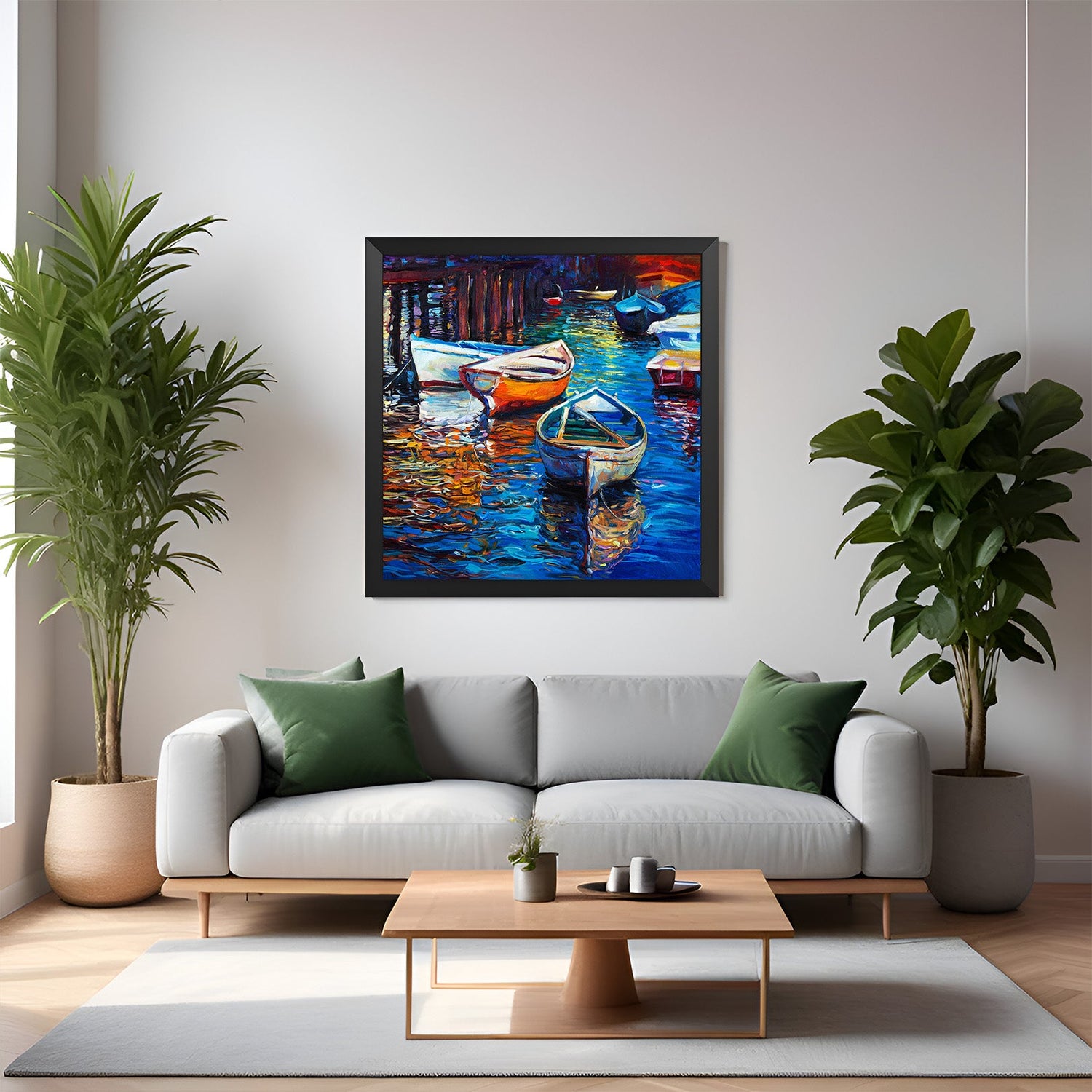 Black frame abstract boats canvas print – serene and artistic wall art ideal for contemporary and calming interiors