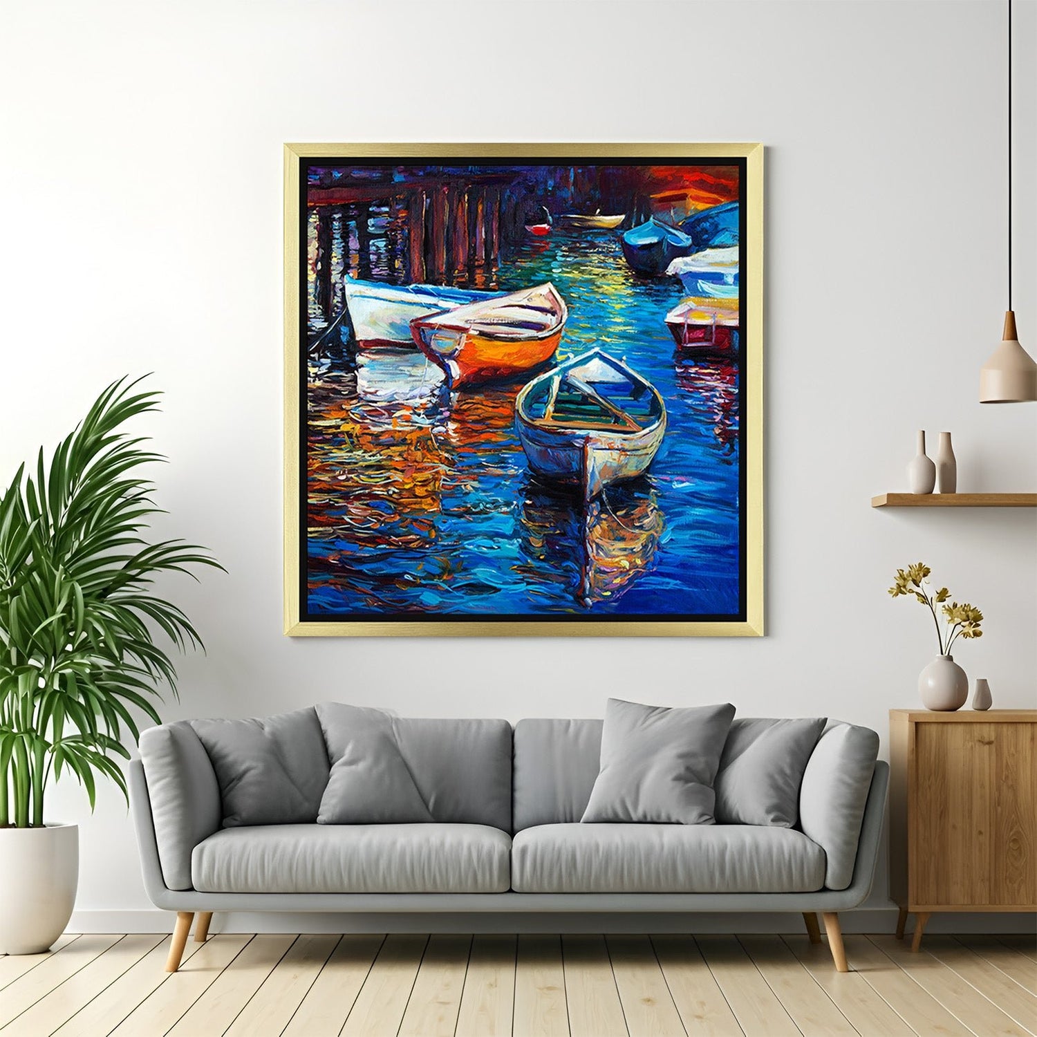 Golden frame abstract canvas wall art of boats – elegant and modern artwork perfect for tranquil and scenic wall styling