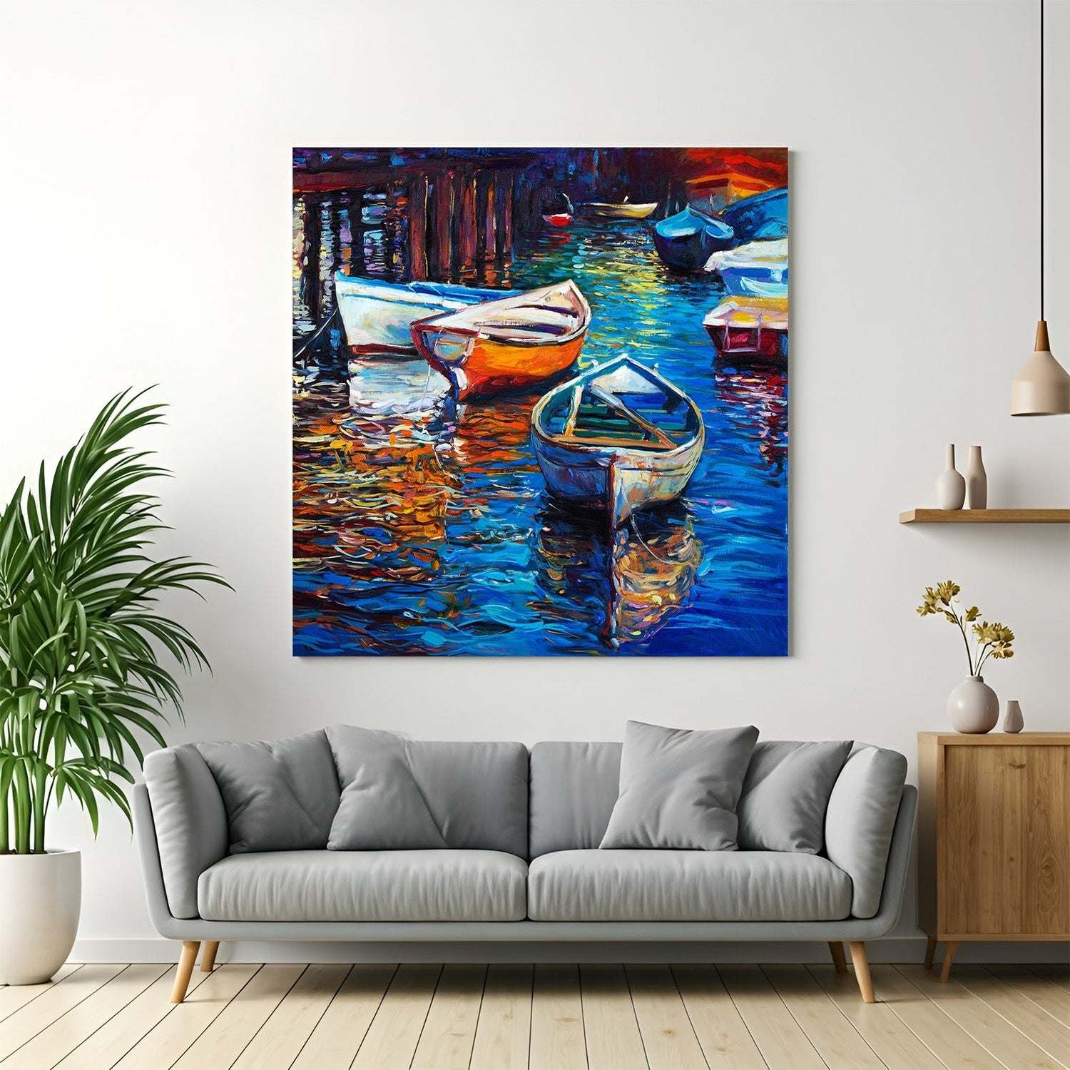 Abstract canvas wall art featuring multiple boats – stylish and peaceful scenic artwork for modern and expressive wall decor