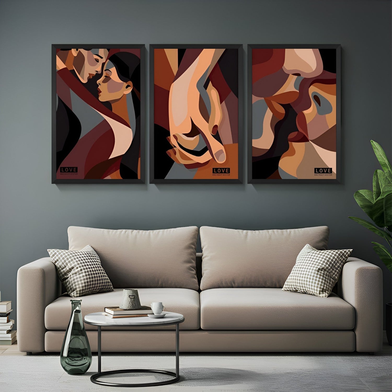 Romantic boho wall art set of 3 featuring minimalist abstract couple illustrations – ideal for modern bohemian decor with a soft touch