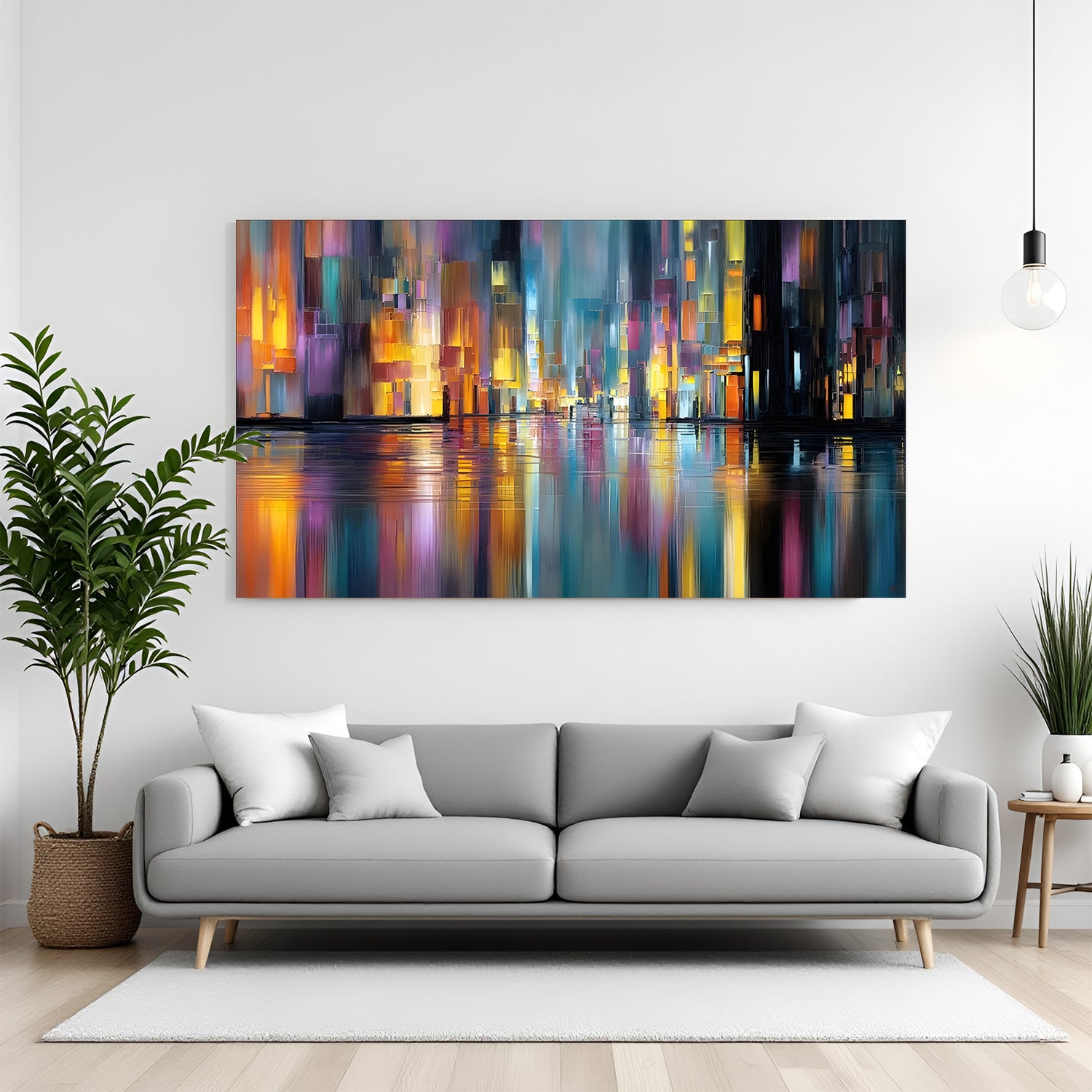 Abstract city lights canvas wall art with colorful reflections in blue, gold, and purple tones displayed above sofa in modern living room canvas wrap decor