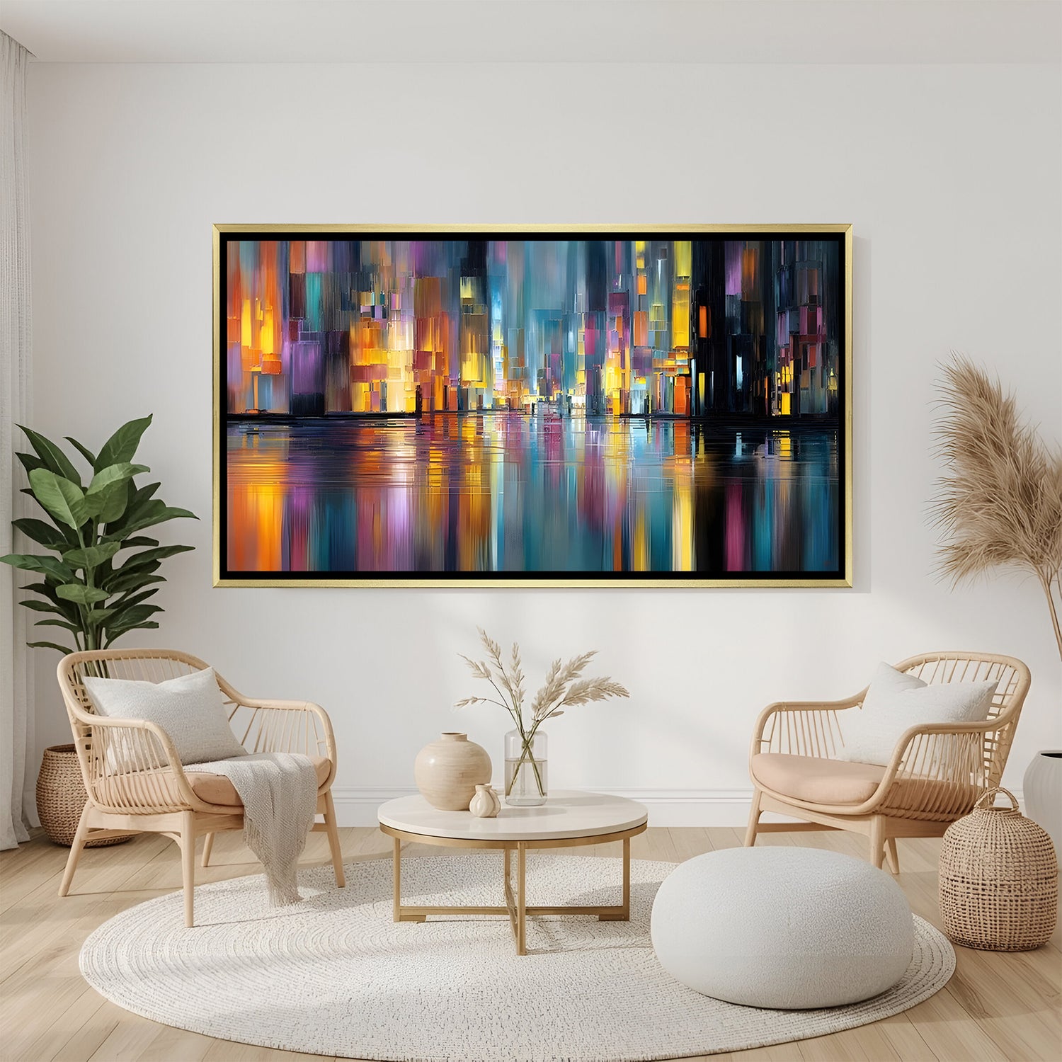 Abstract city lights canvas wall art with vibrant reflections in golden floater frame displayed in elegant modern living room decor