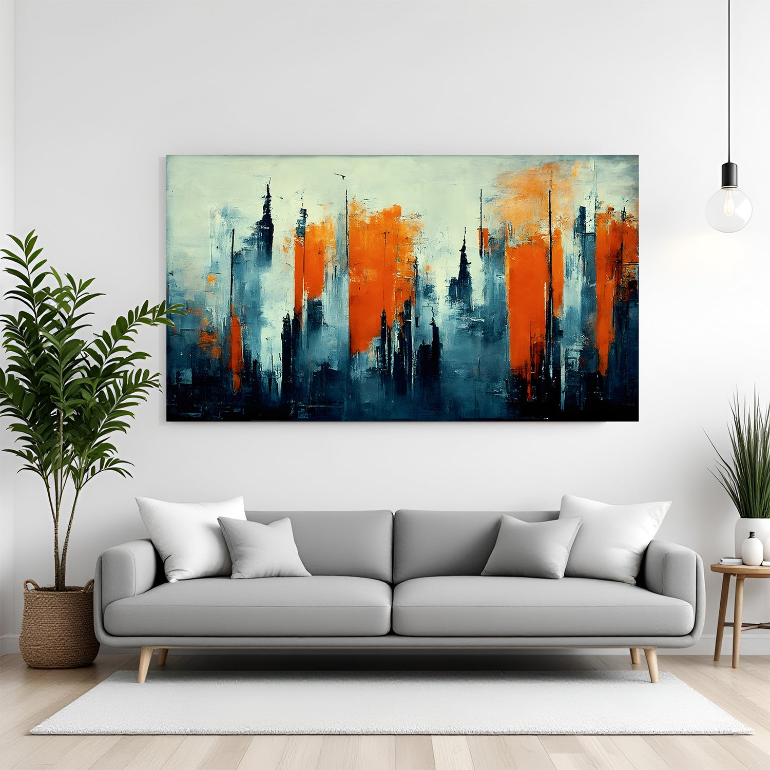 Abstract cityscape canvas wall art with blue and orange skyline design displayed above sofa in modern living room canvas wrap decor