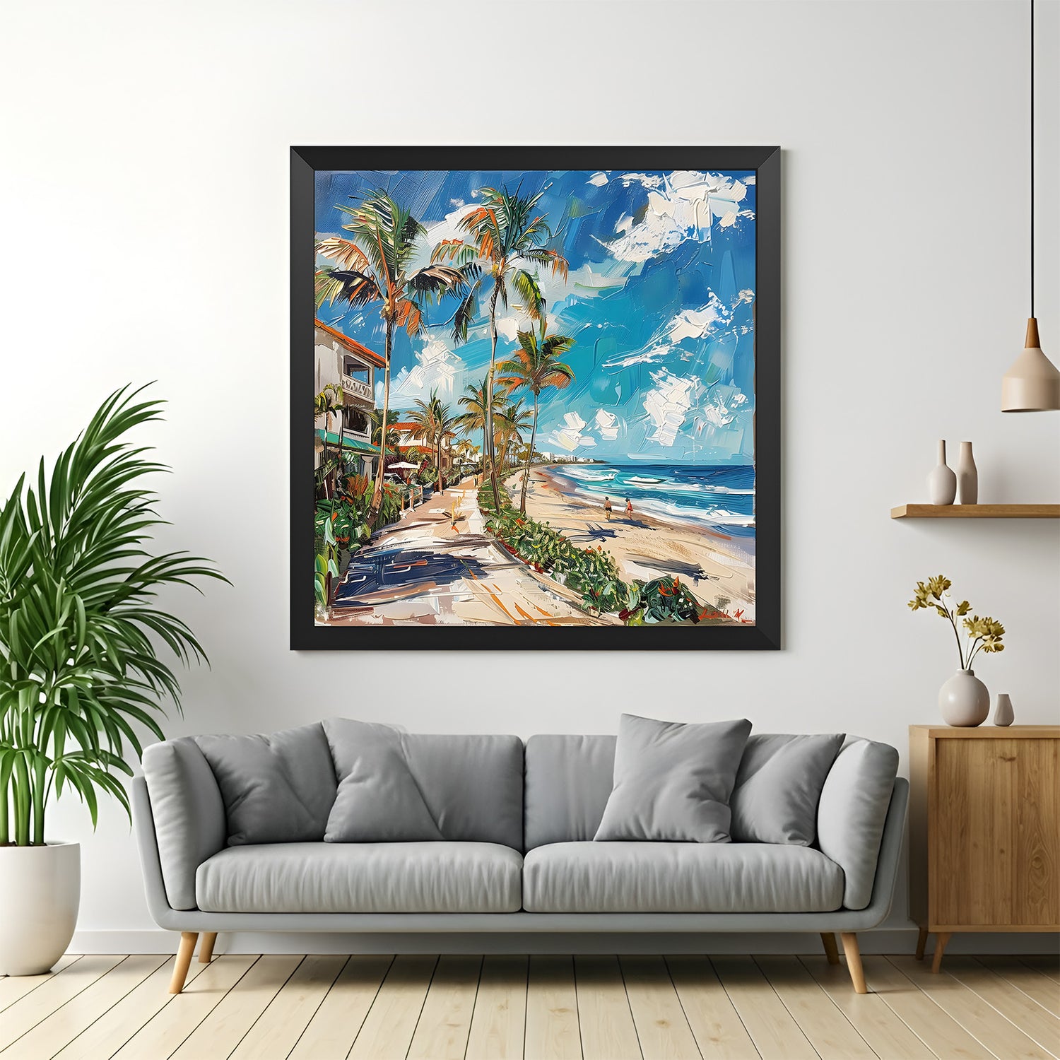 Black frame coastal abstract beach wall art – modern canvas with ocean view and artistic beach style