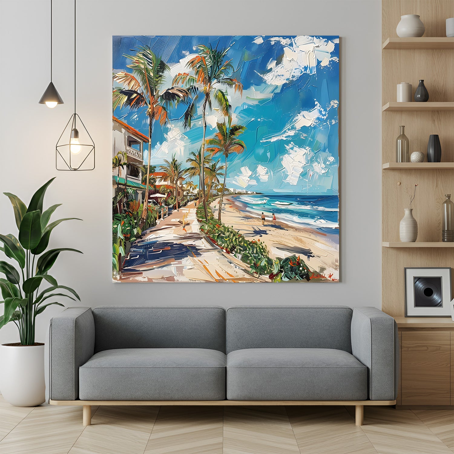 Abstract coastal beach canvas wall art – painted ocean and shore scene in soft modern tones