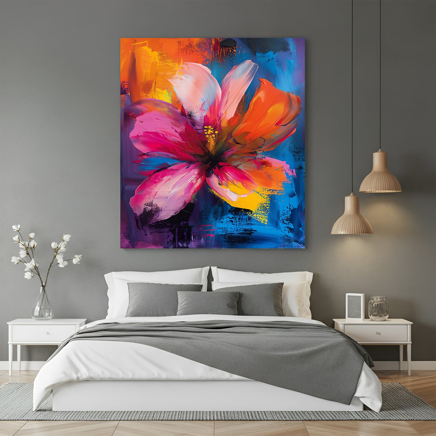 Abstract canvas art of a beautiful flower with artistic petals – large wall decor in painted style for modern and elegant interiors