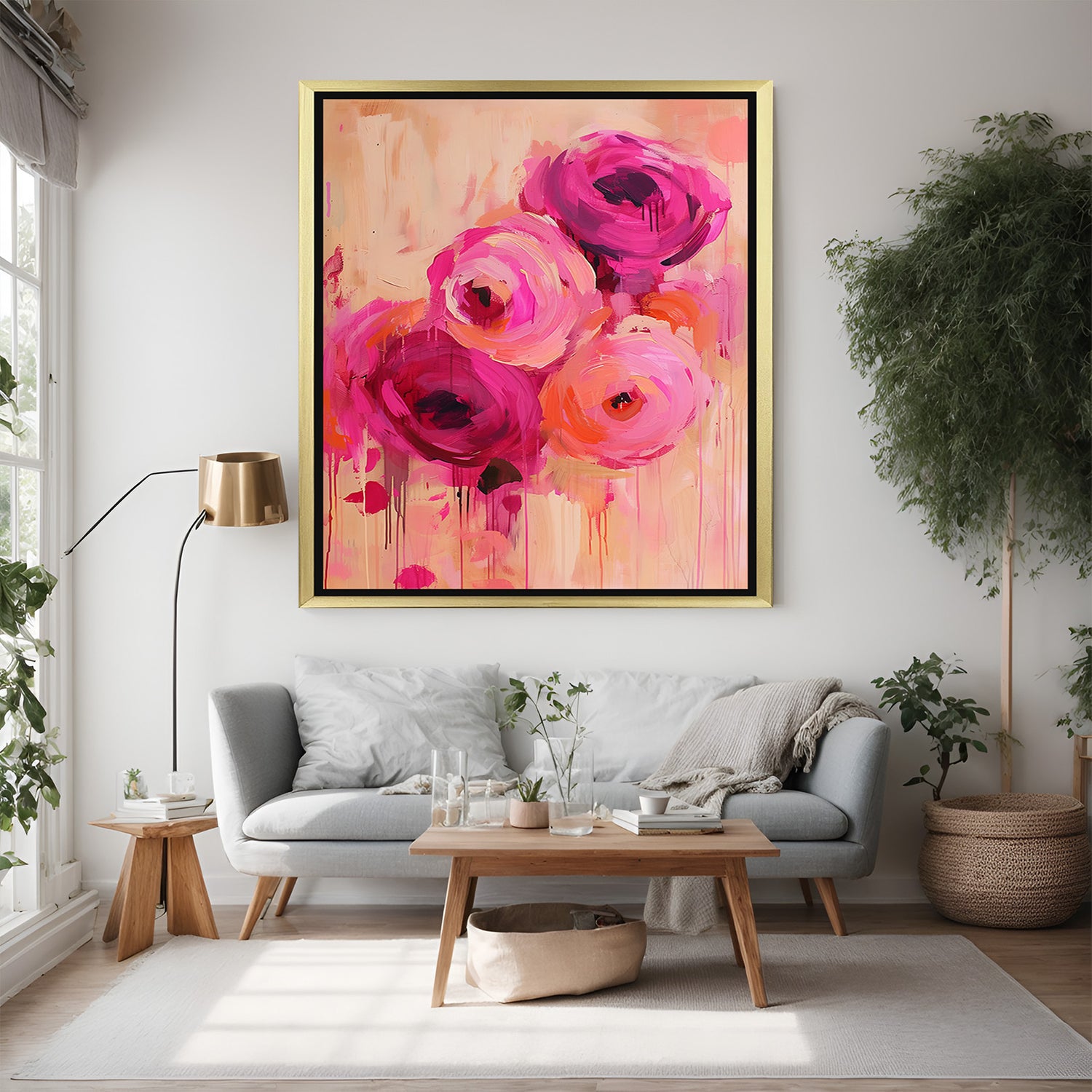 Golden frame canvas of abstract four roses – expressive floral wall art in soft tones for contemporary home decor