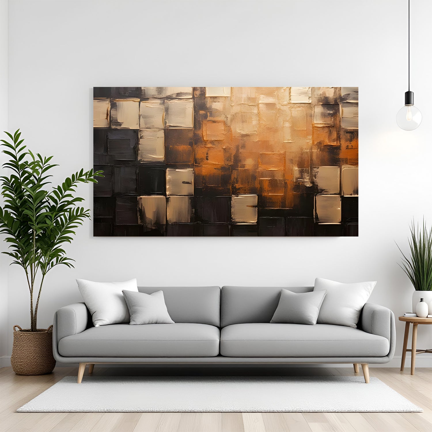 Abstract geometric canvas wall art with brown, black, and gold textured blocks displayed above sofa in modern living room canvas wrap decor