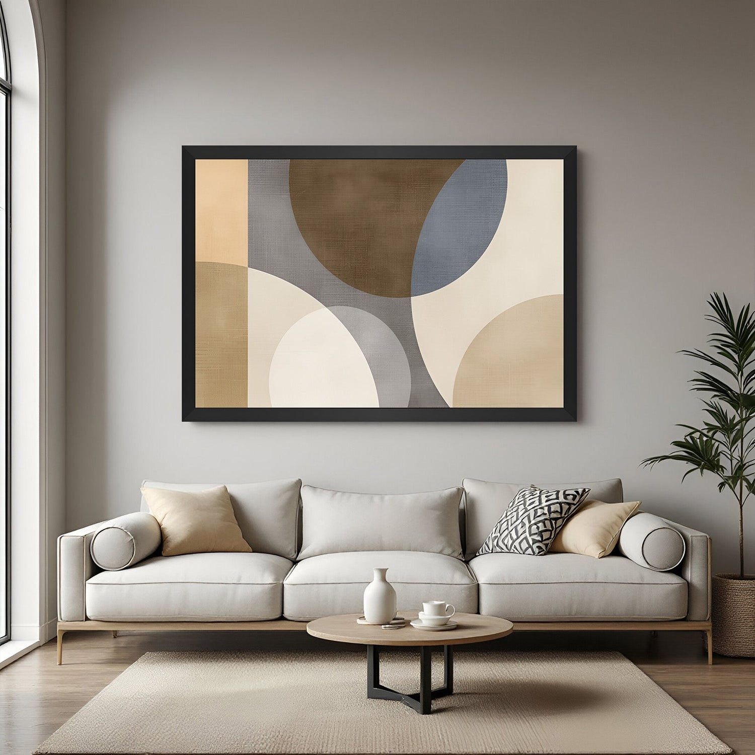 Abstract geometric wall art with rectangle and arc shapes in black floater frame – modern canvas for minimalist interiors