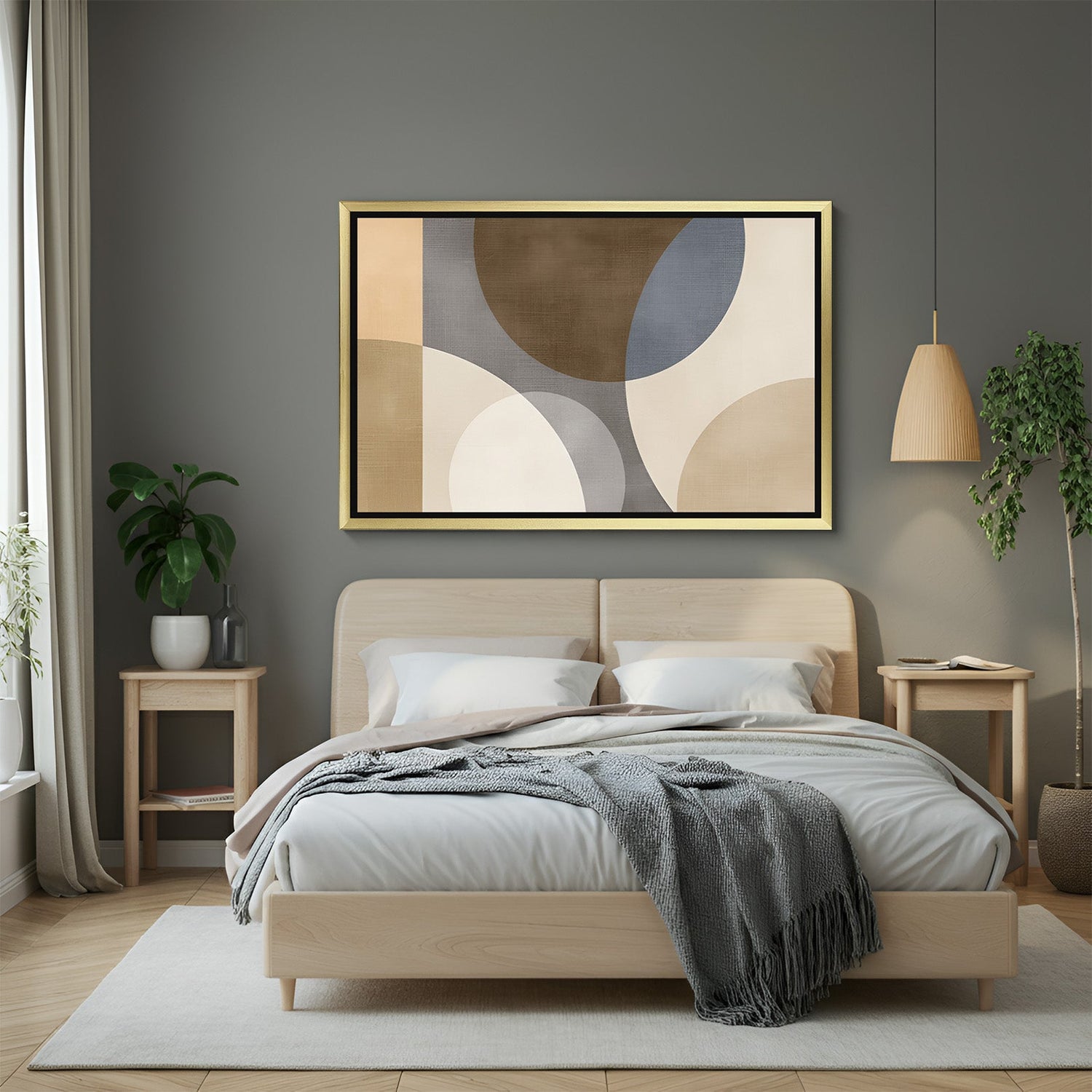 Bold geometric shapes canvas featuring vertical block and curve with golden floater frame – perfect for abstract home decor
