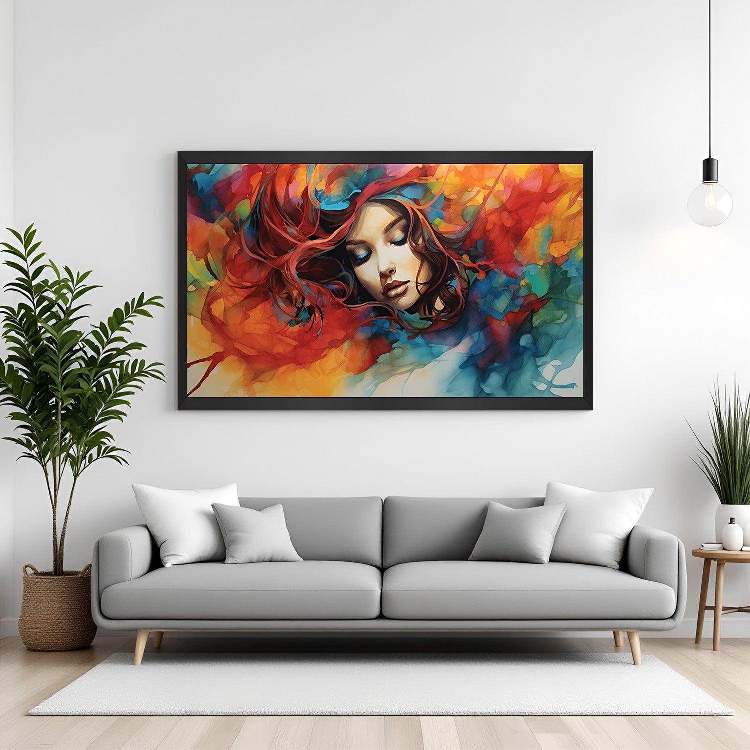 Abstract girl canvas painting in black floater frame – large modern wall art for stylish living rooms, hallways, or workspace decor