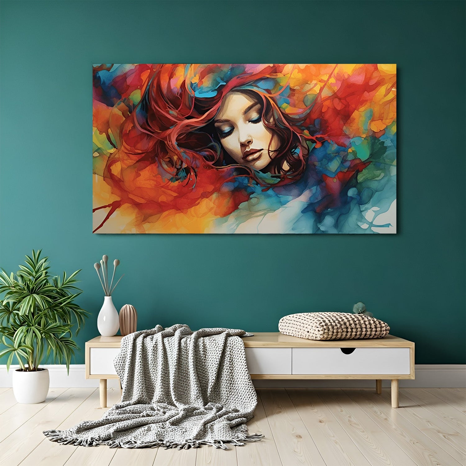 Colorful abstract girl canvas wall painting for modern home and office decor with artistic brush strokes and vibrant visual appeal