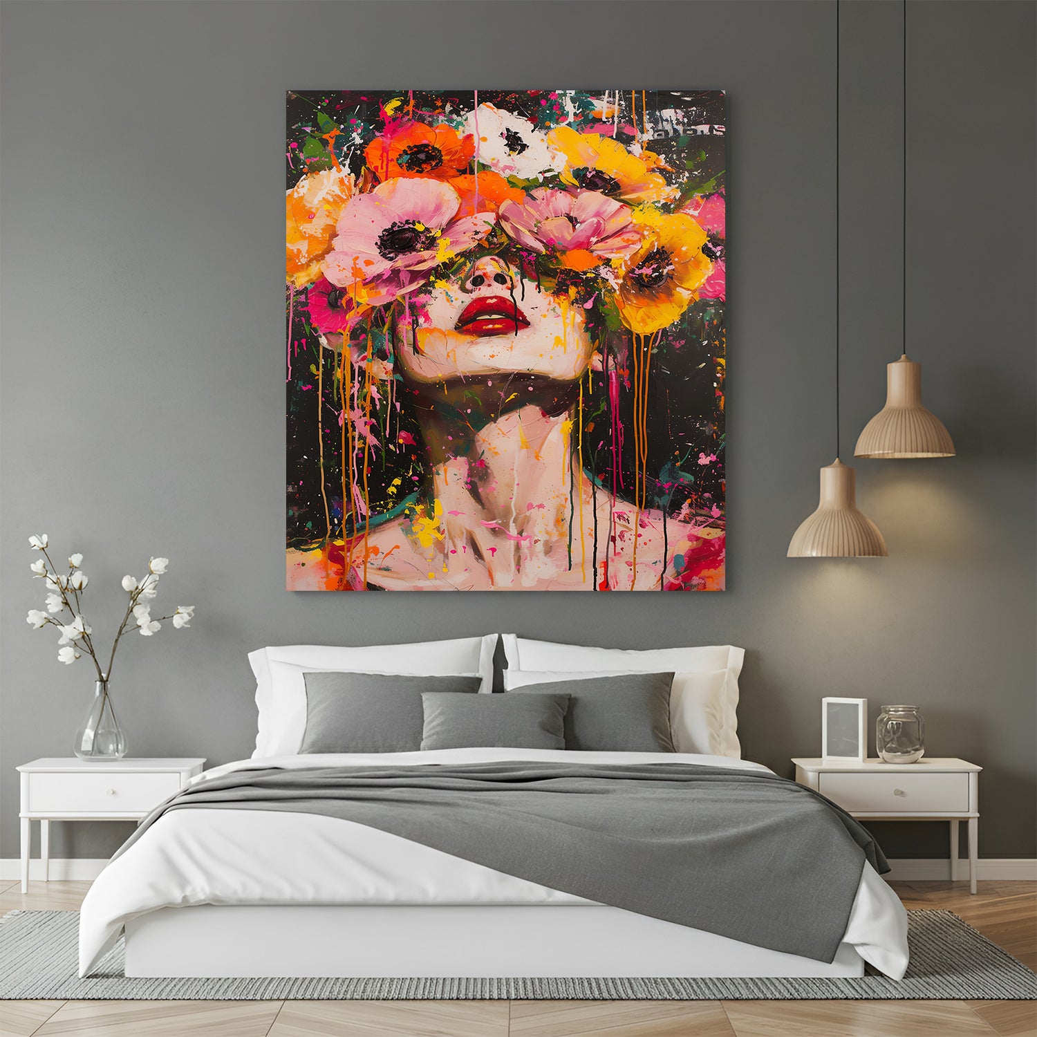 Modern abstract girl canvas wall painting with flowers over eyes – vibrant feminine artwork for stylish home decor and contemporary interiors
