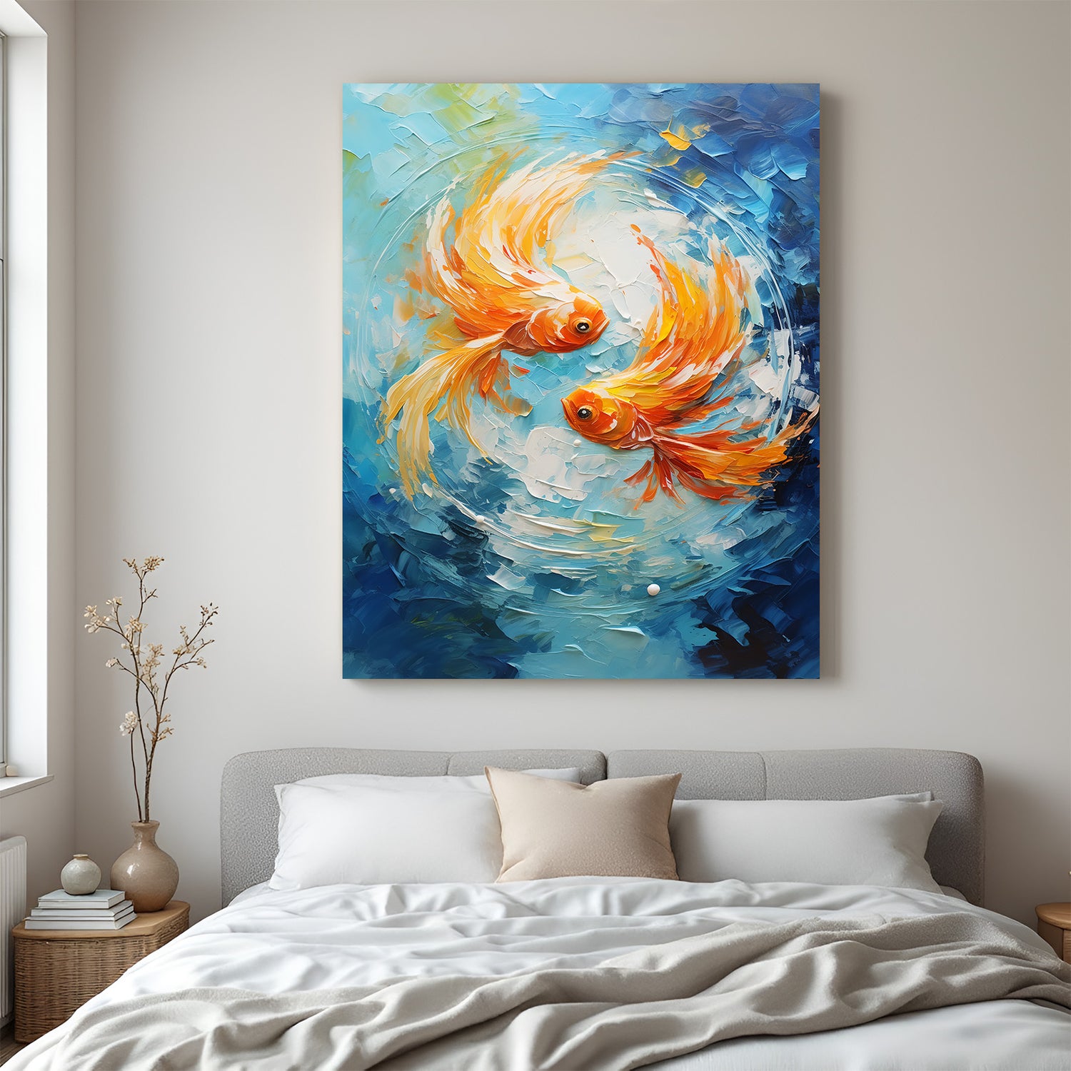 Abstract gold fish Vastu canvas painting for wealth, movement, and peaceful modern home decoration