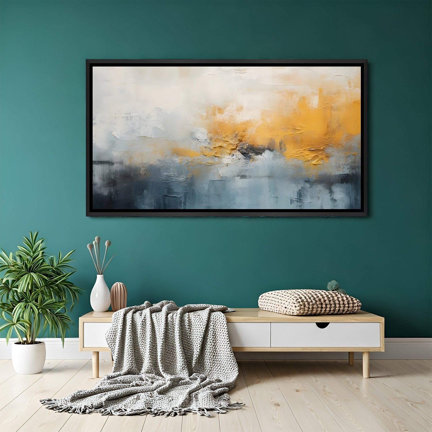 Modern abstract gold and grey painting in black floater frame for elegant living room decor