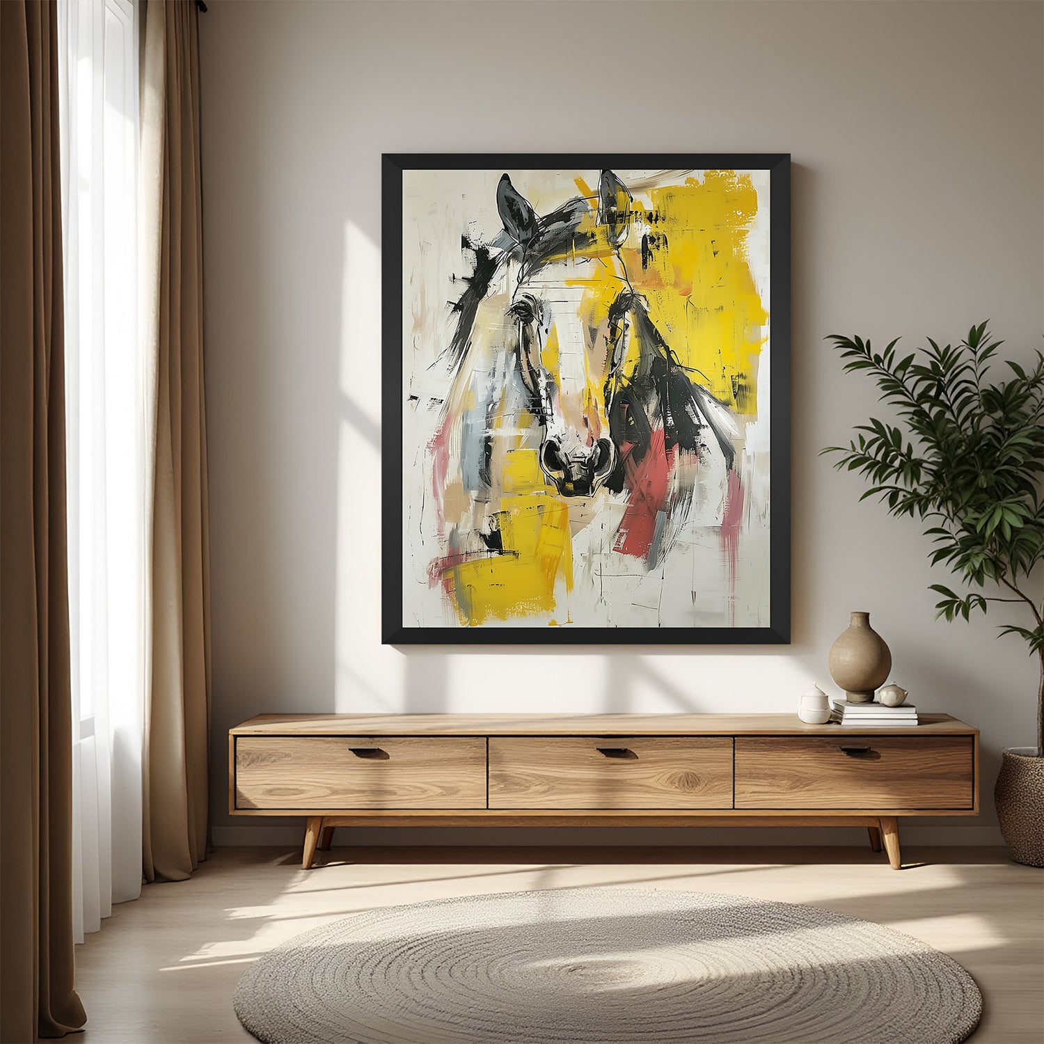 Abstract horse hand-painted canvas wall art with bold brushstrokes in black floater frame