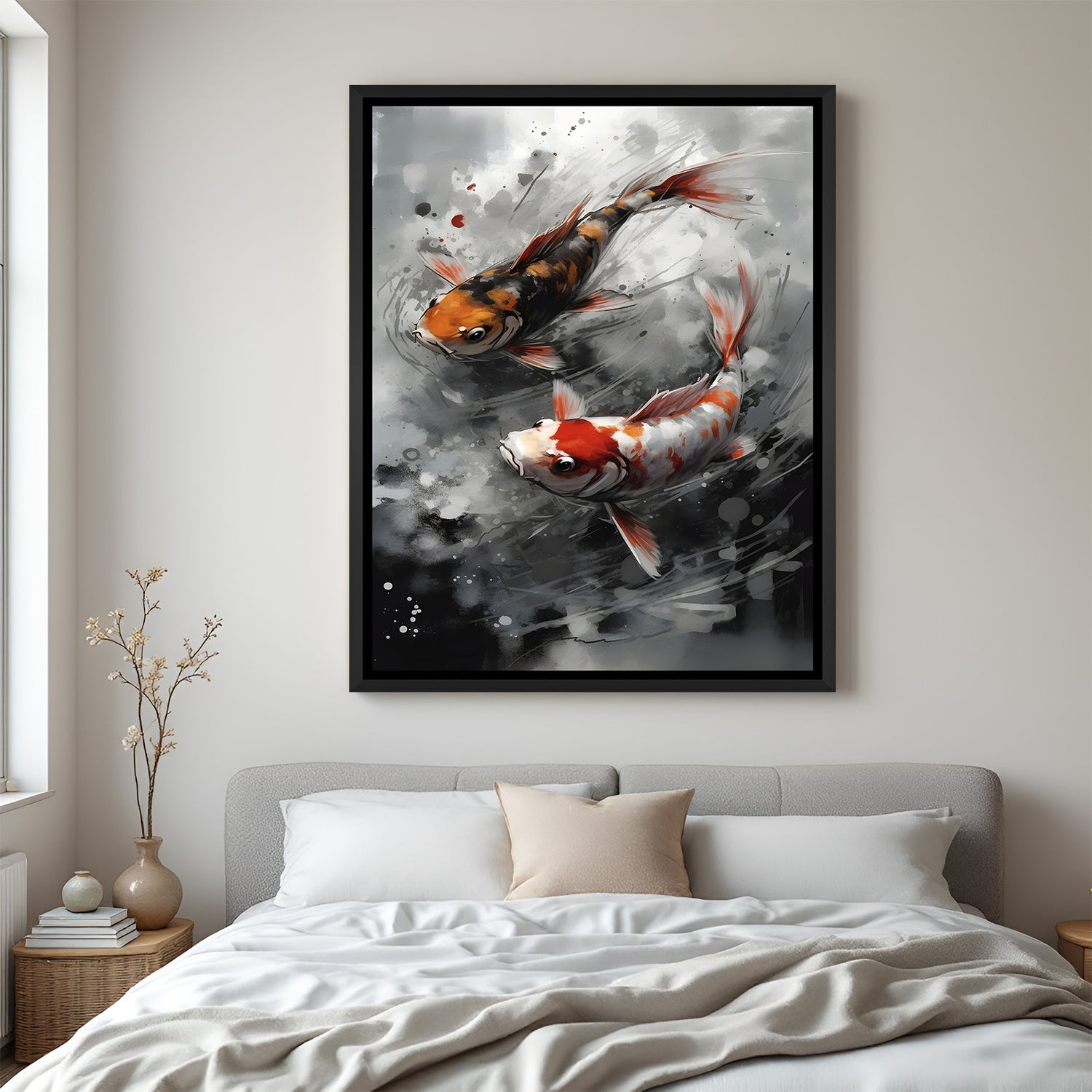 Minimal koi fish artwork on black background in elegant black floater frame for modern interiors