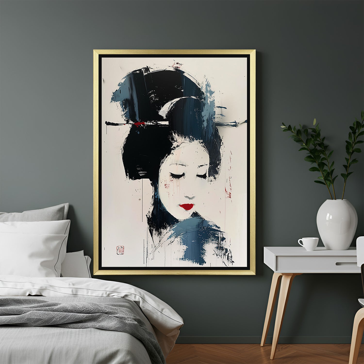 Golden-framed modern canvas of an abstract Japanese woman painting—perfect for artistic, elegant, and culturally inspired interiors