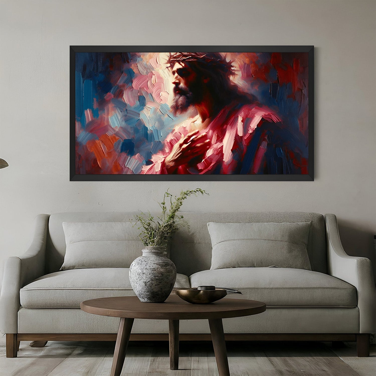 Black frame abstract wall art of Jesus – canvas print showing spiritual figure in painted abstract form, ideal for serene wall decor