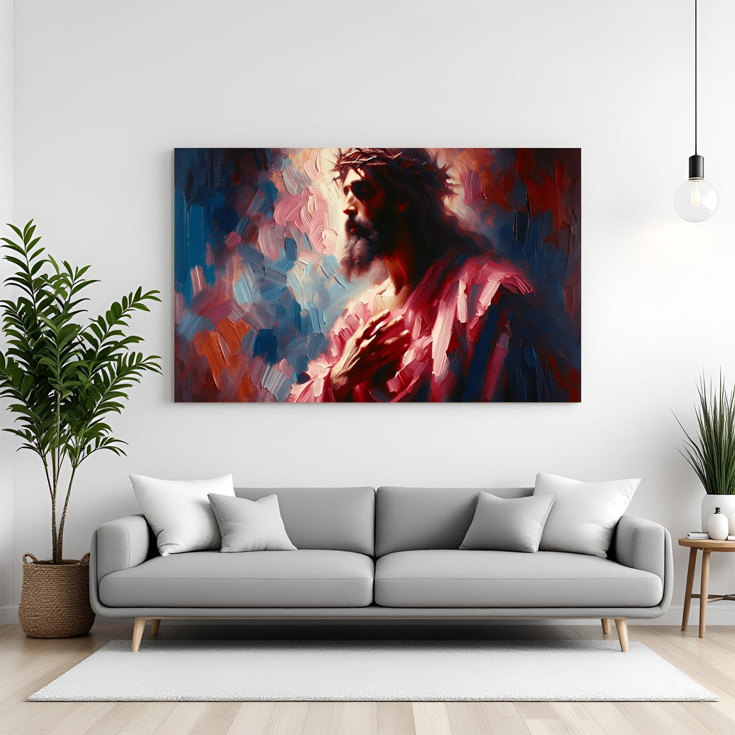 Abstract Jesus canvas wall art – expressive spiritual painting of Jesus Christ in modern artistic brushstroke style for home decor