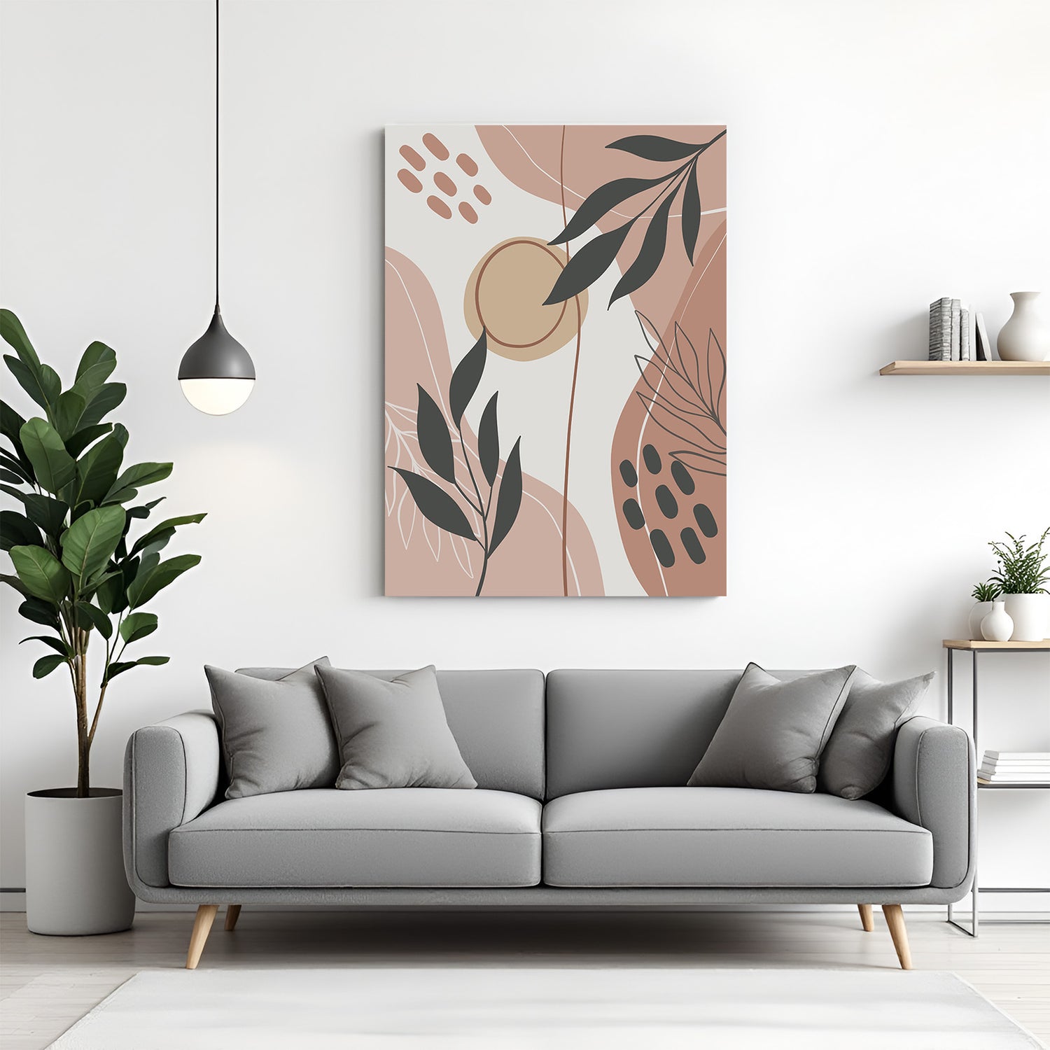Canvas art with abstract shapes, leaf design, and light brown palette in soft boho minimal style