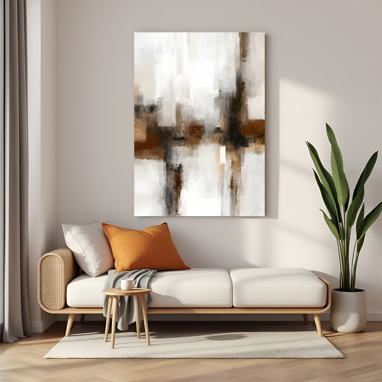 Abstract neutral canvas wall art with soft brown and white textured design