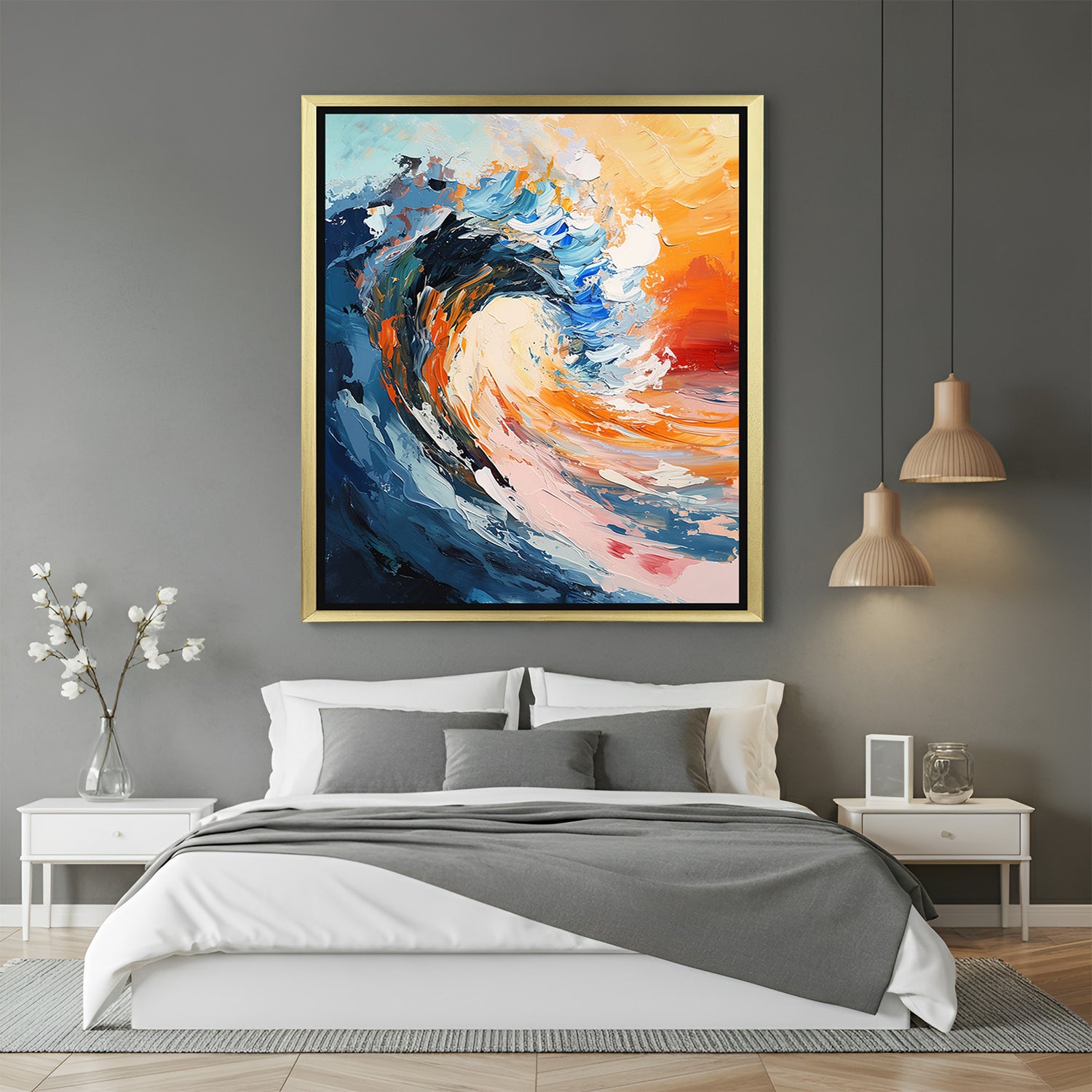 Golden frame canvas of abstract ocean wave – stylish large wall art in blue tones for modern home interiors