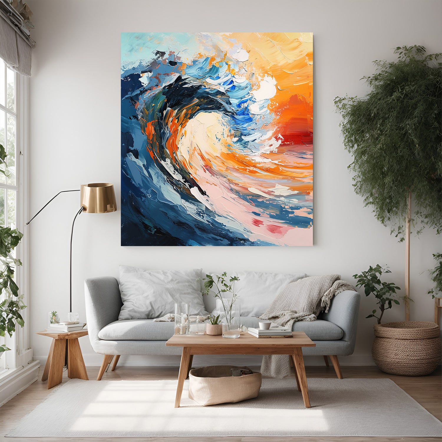 Abstract canvas wall art of ocean wave in modern painted style – large blue wall decor with fluid motion and textured brushwork