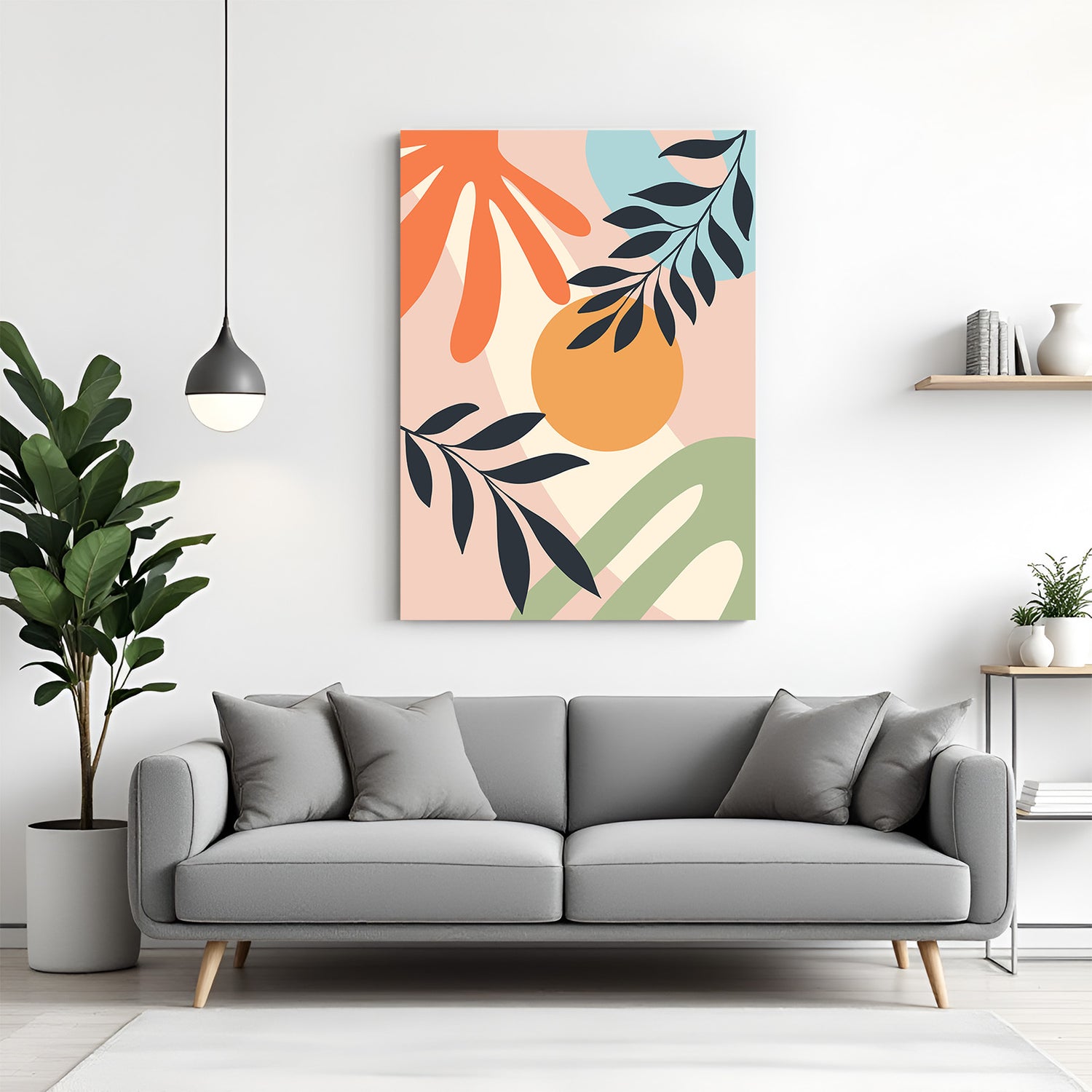 Boho canvas wall art with pastel random shapes and subtle dark botanical stems on light background