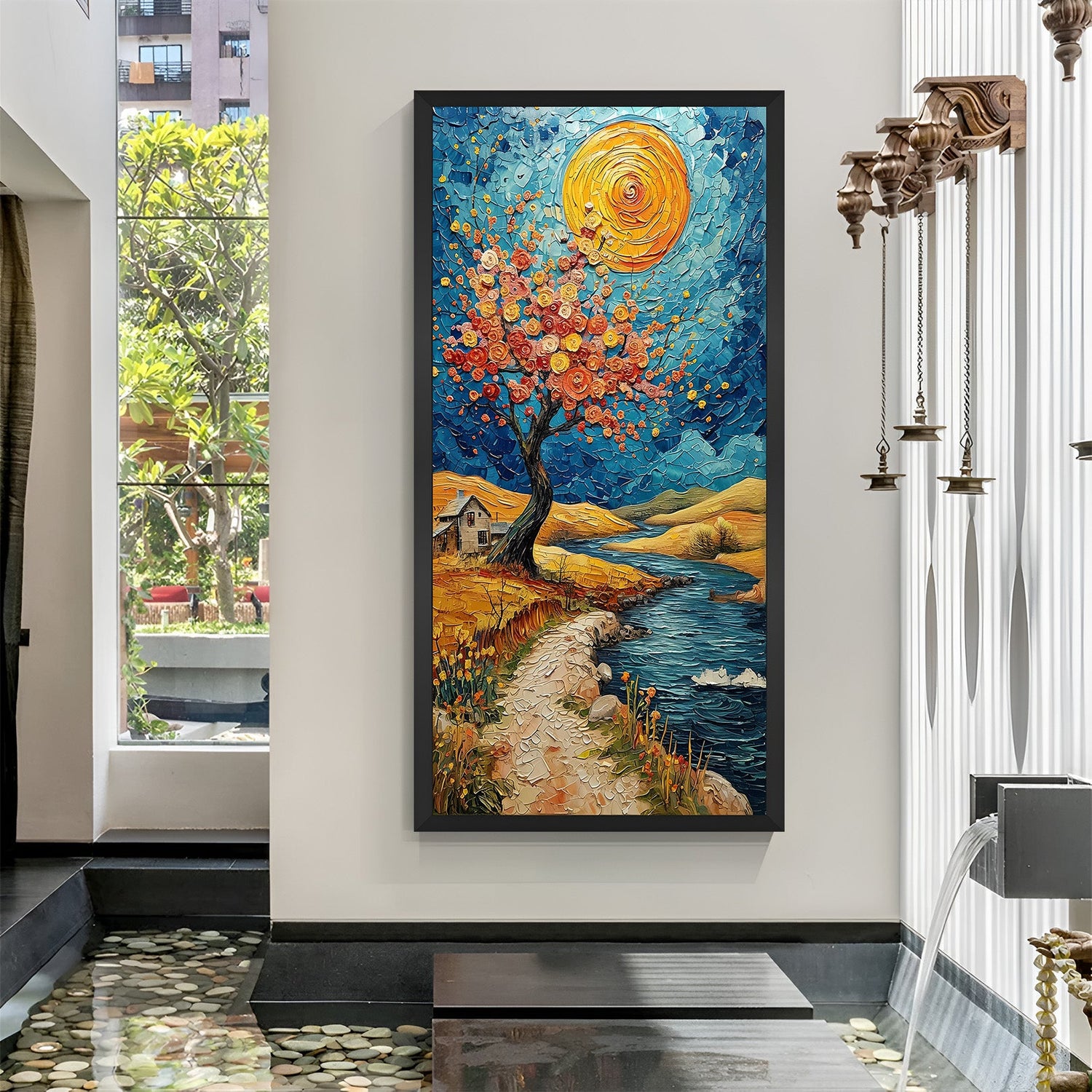Black frame abstract scenic artwork in portrait orientation – vertical canvas print for sophisticated and artistic spaces