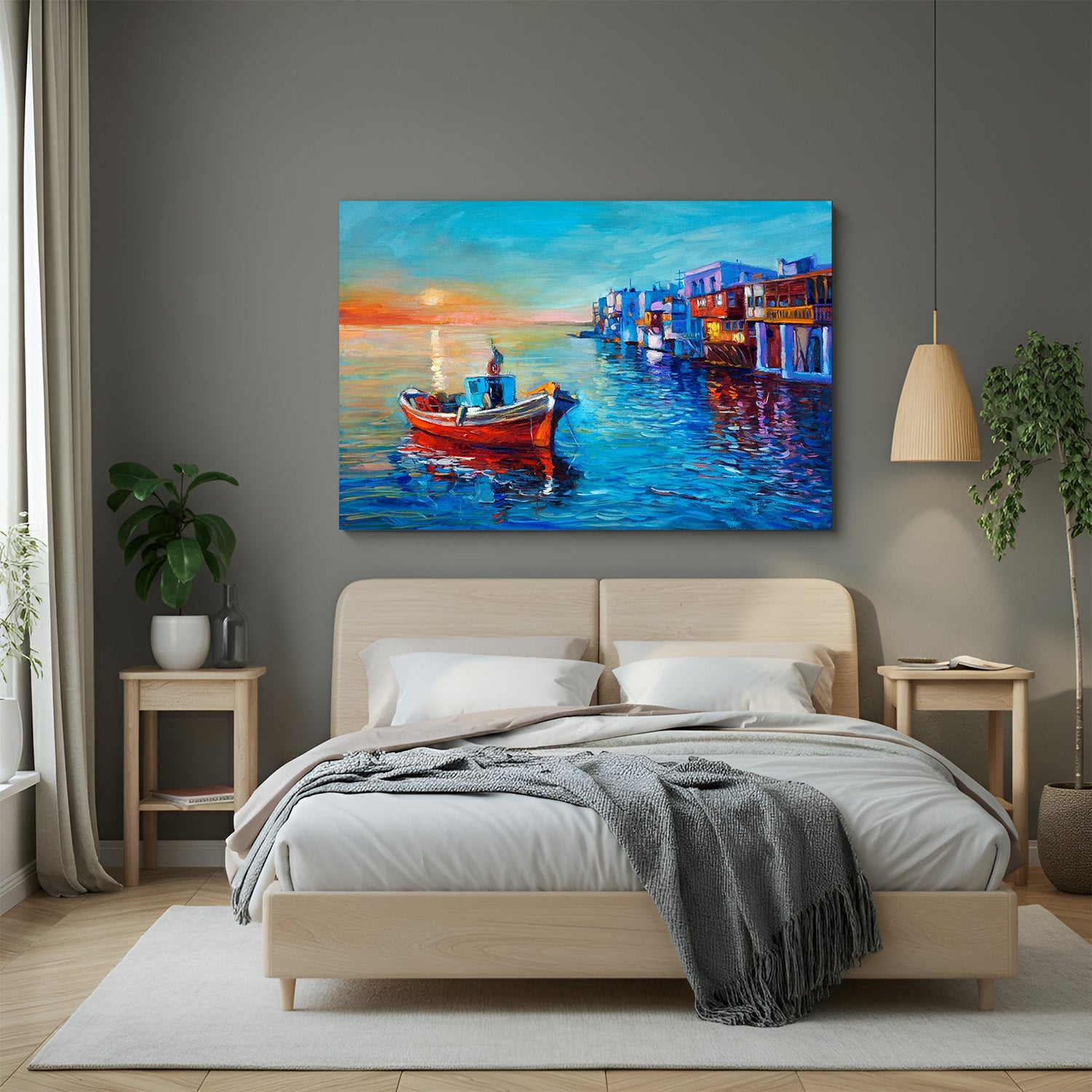Abstract wall art of river with boat and buildings – painted cityscape on large canvas print for modern interior wall decor