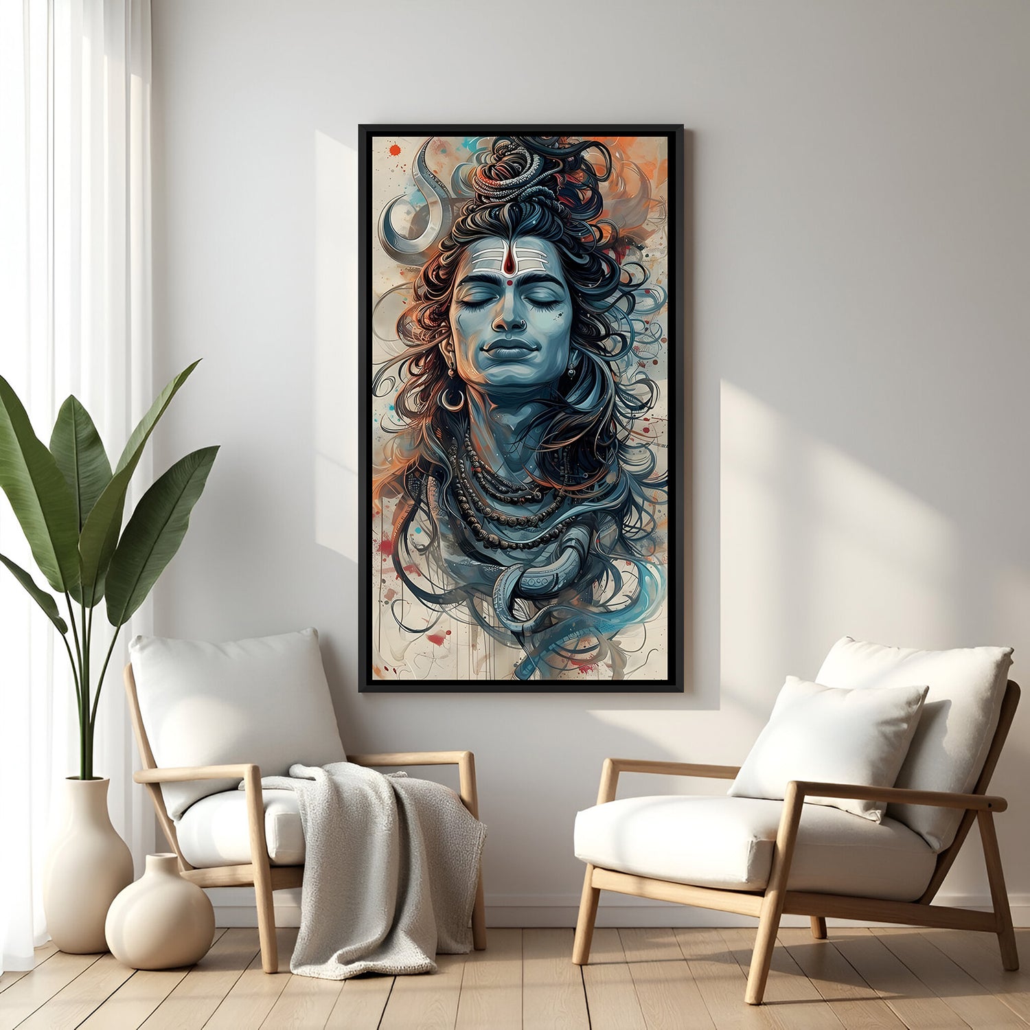 Abstract Shiva portrait painting in black floater frame spiritual canvas wall art India