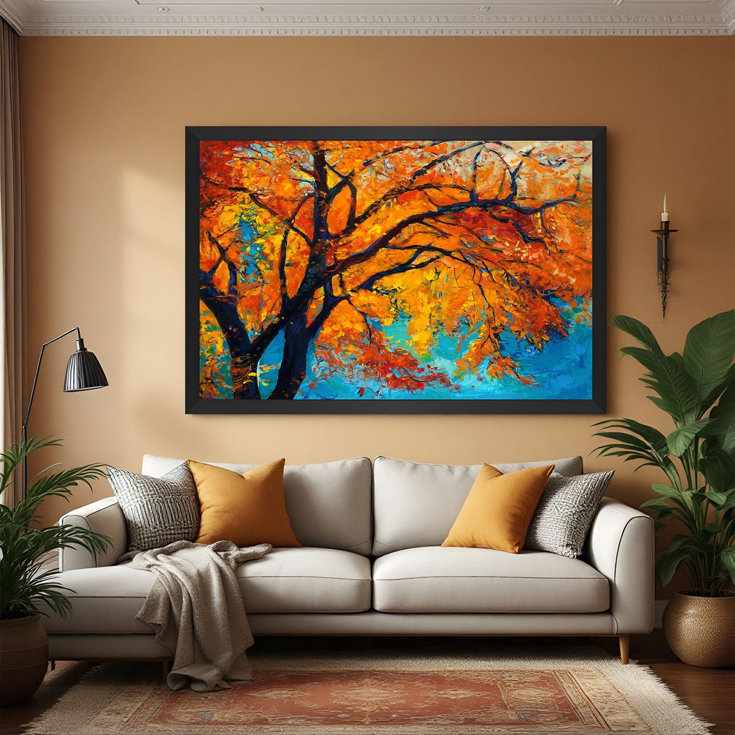Spring tree canvas wall art in black floater frame – large abstract nature print for modern interiors, living spaces, and creative wall decor