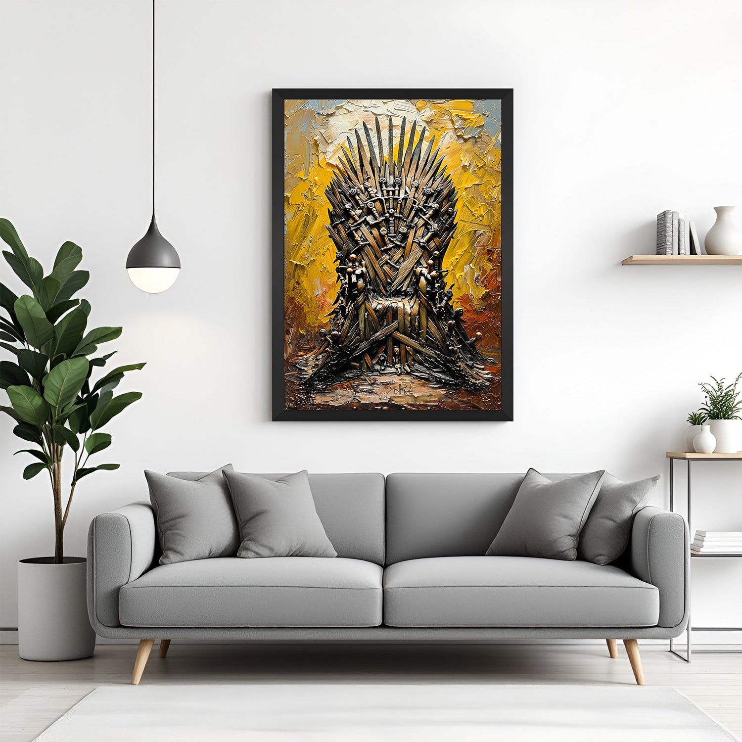 Black frame abstract canvas of sword and dagger throne – dramatic chair wall art with bold painted texture for modern interiors