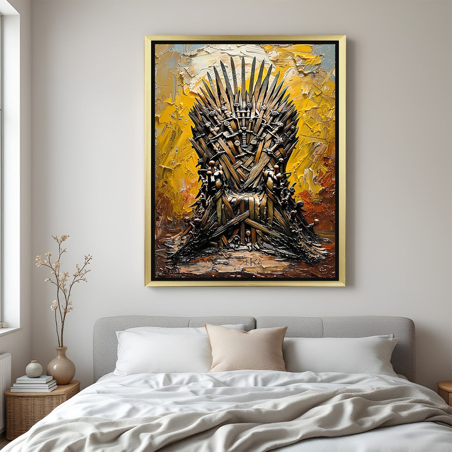 Golden frame canvas showing abstract chair made of blades – unique and powerful sword wall art for fantasy lovers and modern decor