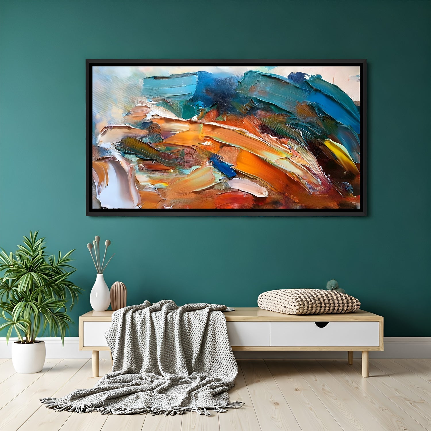 Colorful abstract palette knife painting in black floater frame for modern living room decor
