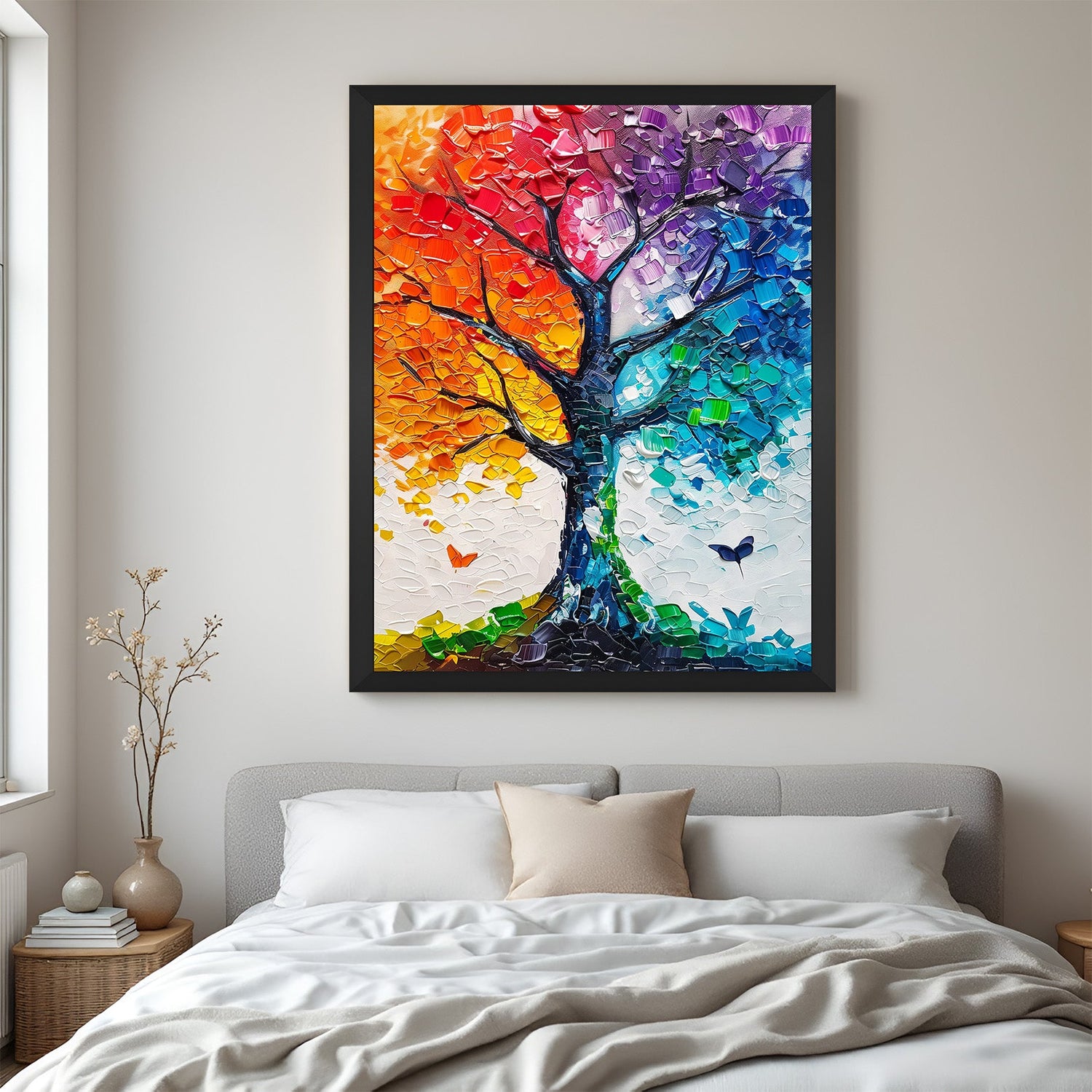Black frame abstract tree canvas – colorful leaf design in painted style for stylish and artistic wall decoration