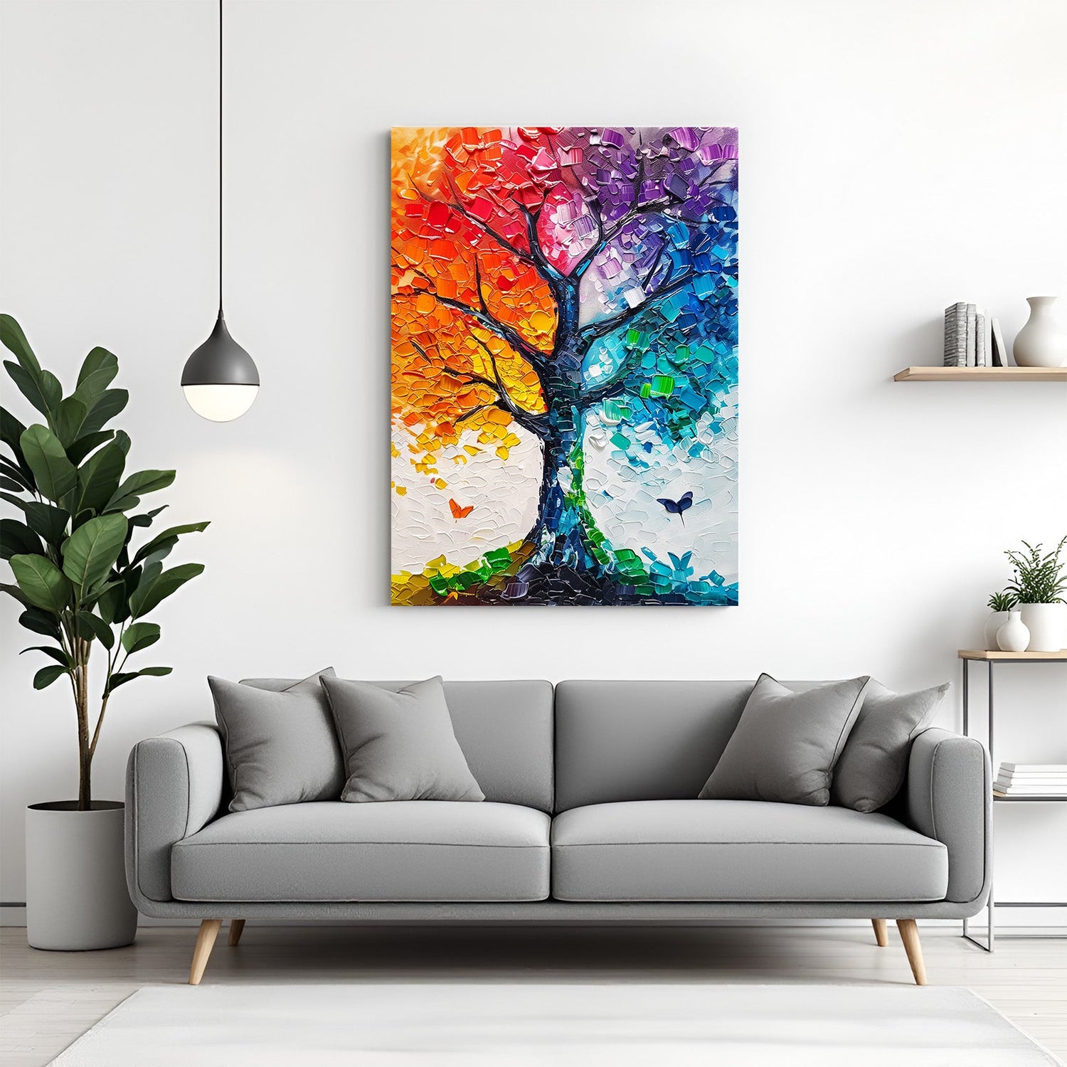 Abstract canvas wall art of tree with multicolored leaves – vibrant painted design for modern and nature-inspired home decor
