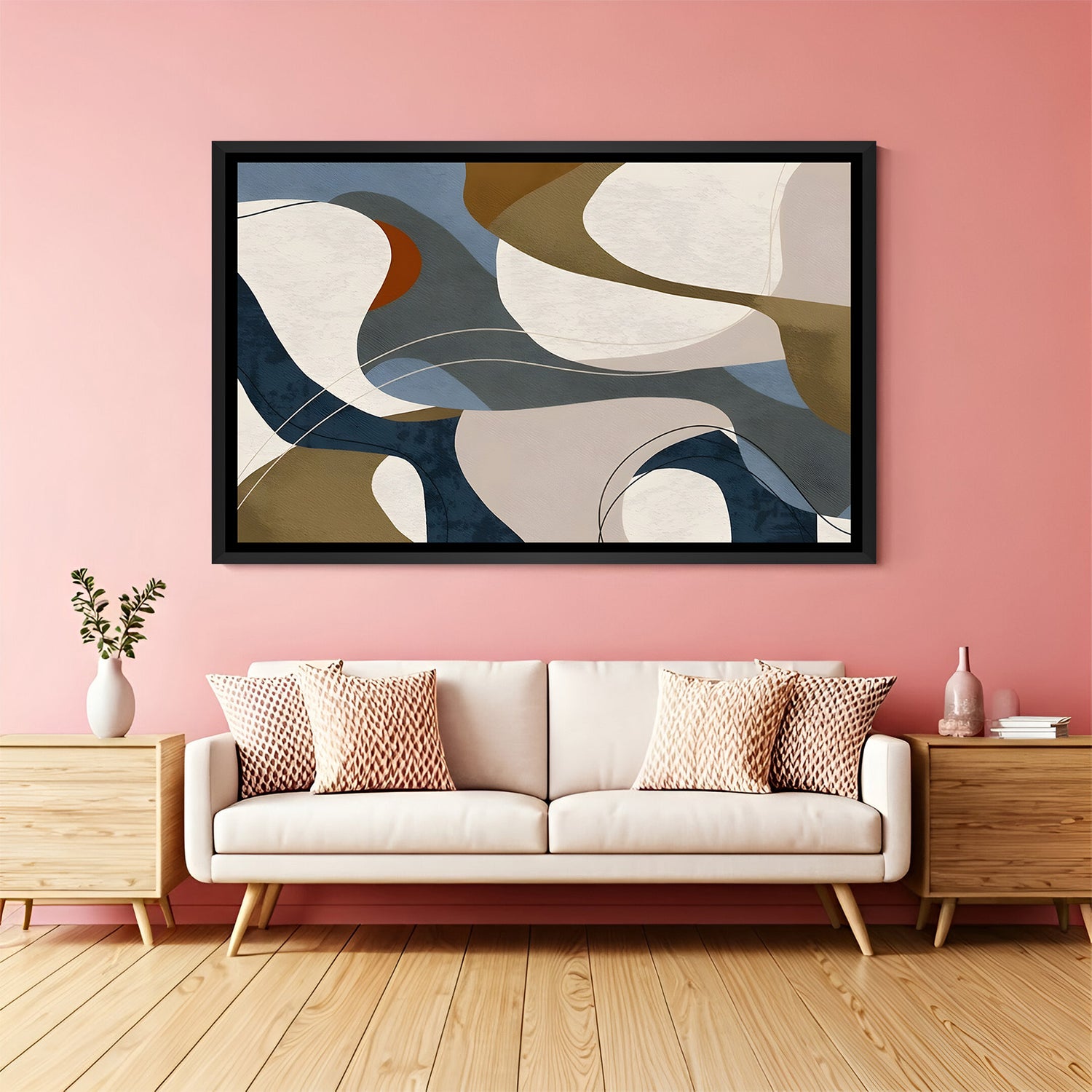 Contemporary abstract wave painting in black frame with neutral earthy colors