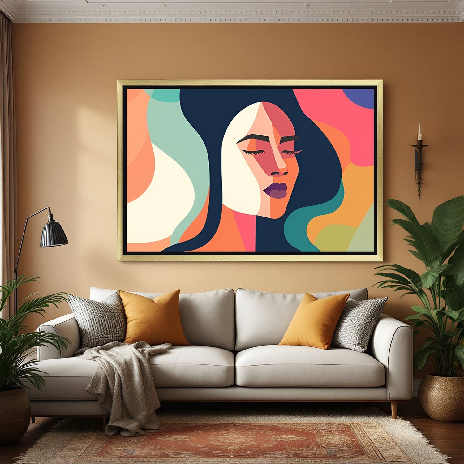 Golden frame woman face abstract wall art – creative cubism-inspired female artwork in bright colors on premium canvas