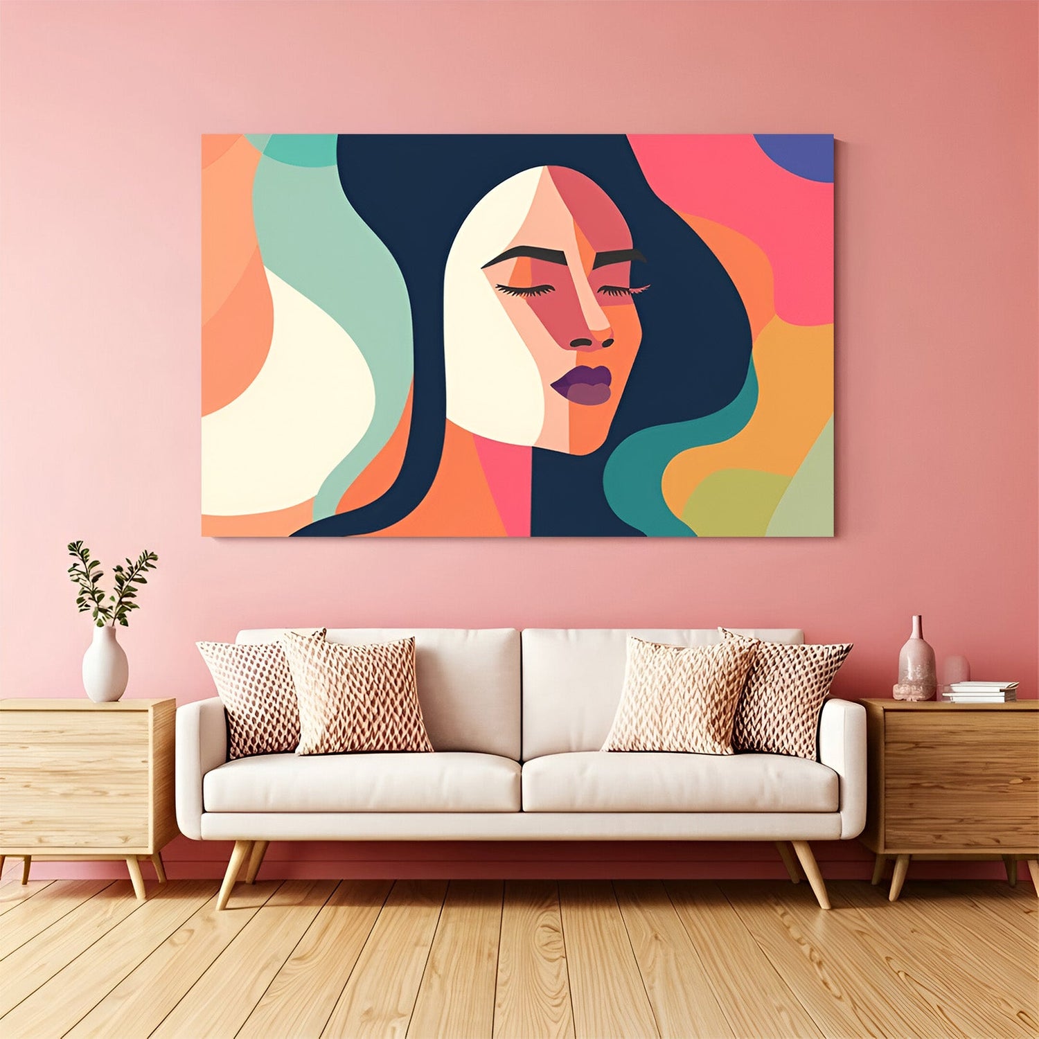 Colorful abstract woman face wall art – cubism style geometric collage of female face with vibrant palette on canvas print