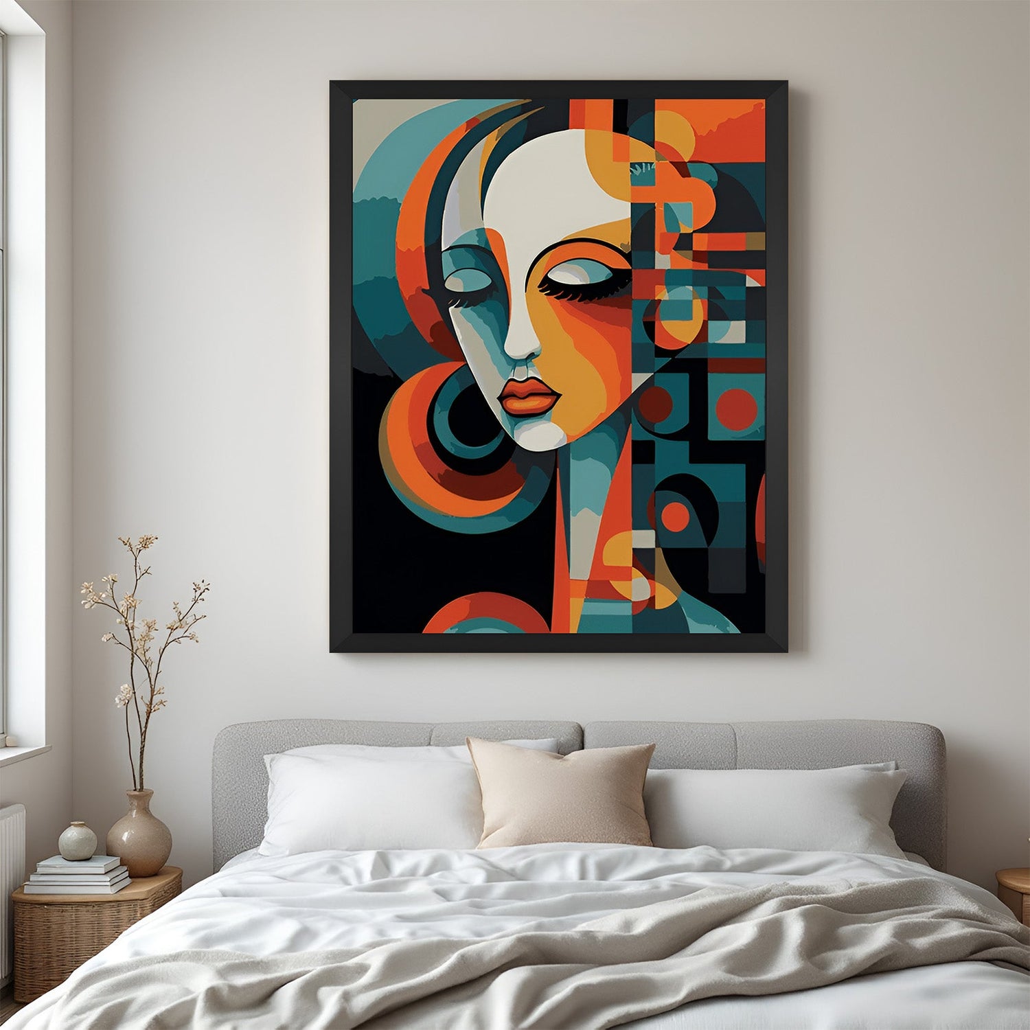 Black frame abstract woman face art – canvas print with geometric design and minimal lines for sophisticated modern decor