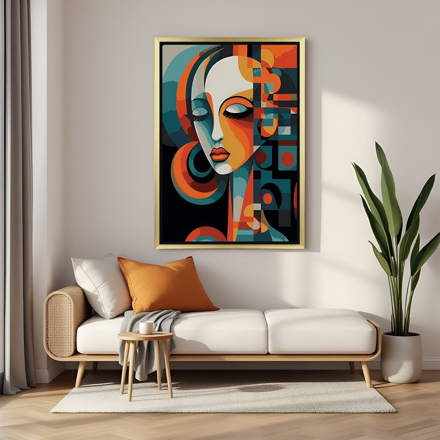 Golden frame geometric woman face wall art – abstract canvas artwork with bold shapes and feminine features for stylish interiors